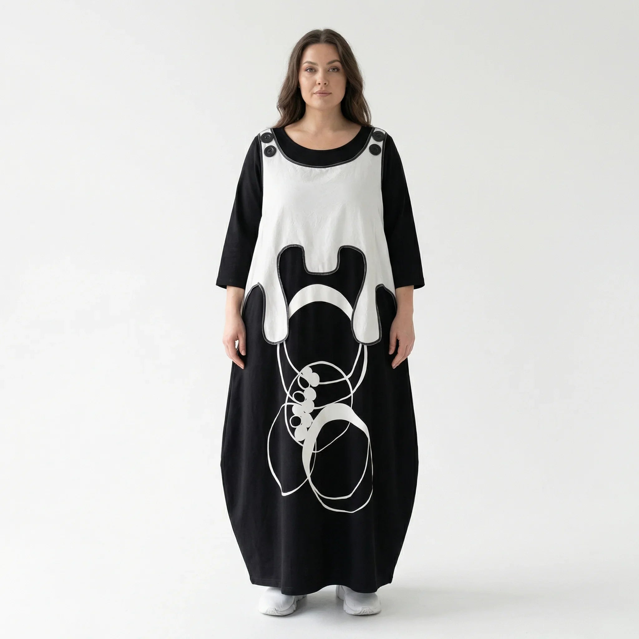 Cadrelli Maxikleid in Schwarz-Weiß mit Kunst-Print & French Terry – Avantgarde Damenmode bei Modeare entdecken