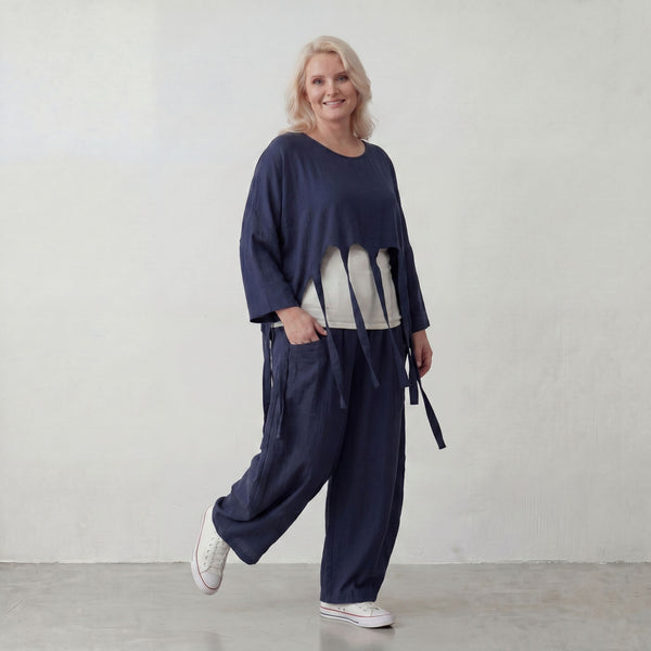 Marine Lagenlook Ueberwurf Oversize leger mit Leinenoptik zeitlos besonders luftig weich