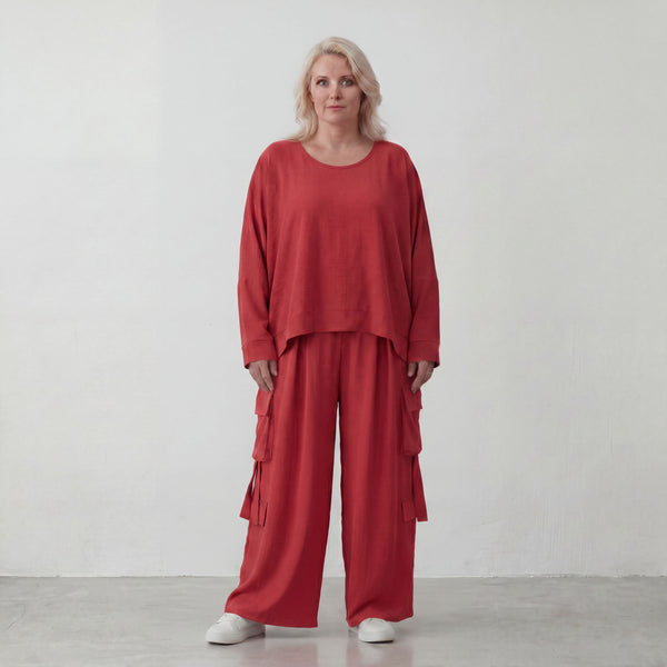 Fuchsia Ballonhose im Lagenlook Oversize leger ausgefallen mit Fransen Flügeltaschen cool