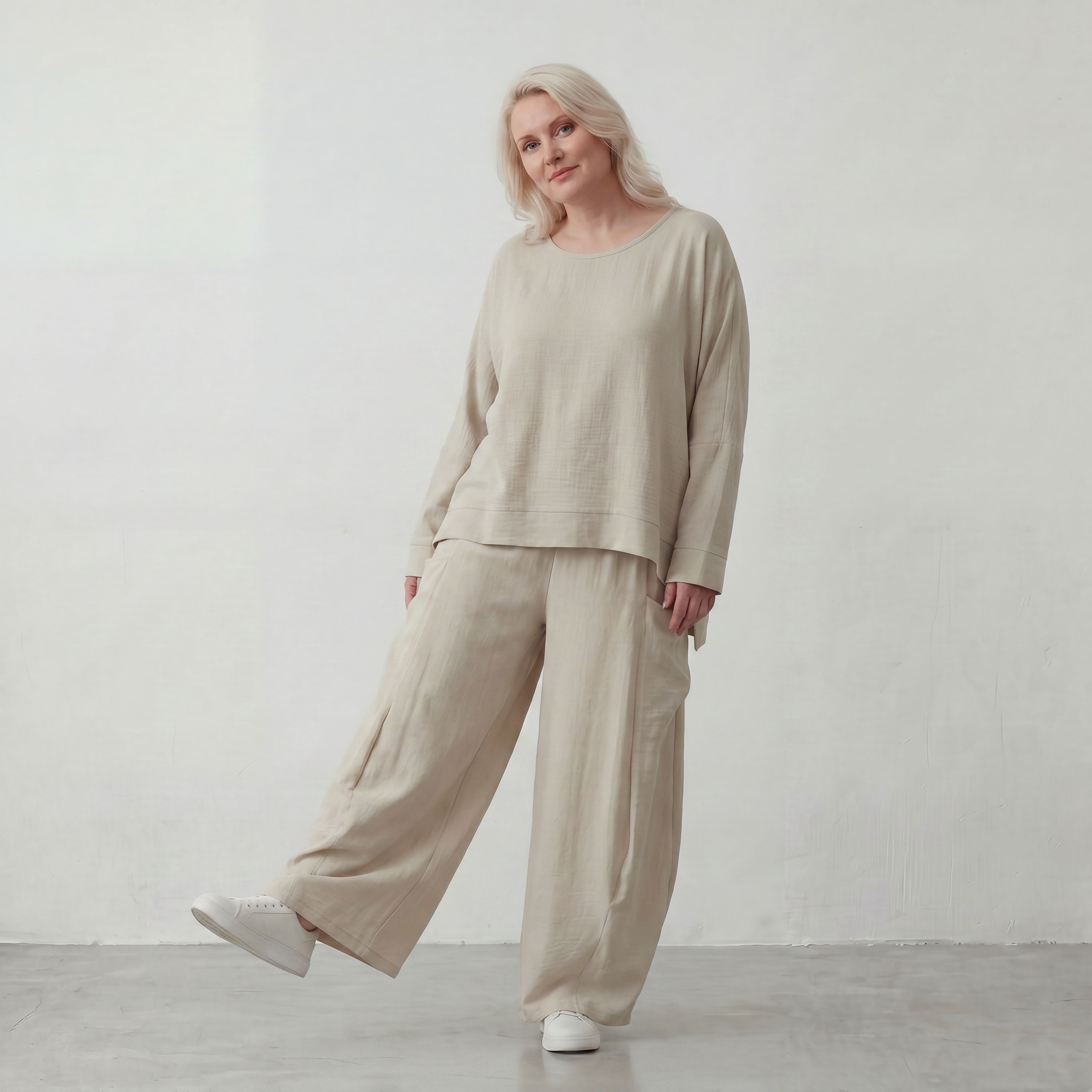 Moderner Beigelagenlook Oversize Ueberwurf aus Leinenmix locker leicht und fein elegant