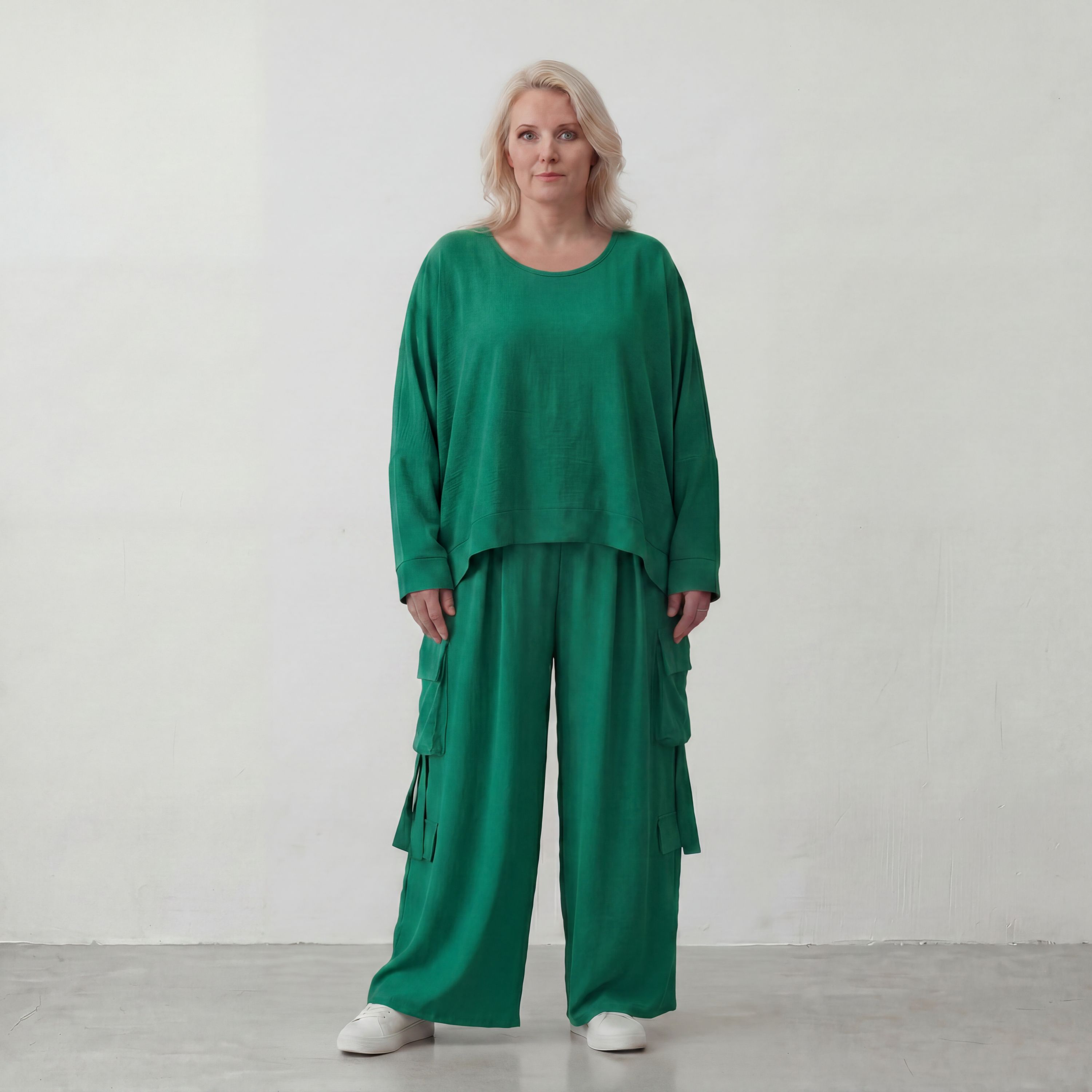 Ausgefallene Ballonhose Smaragdgrün im legeren Lagenlook Oversize leicht und zeitlos