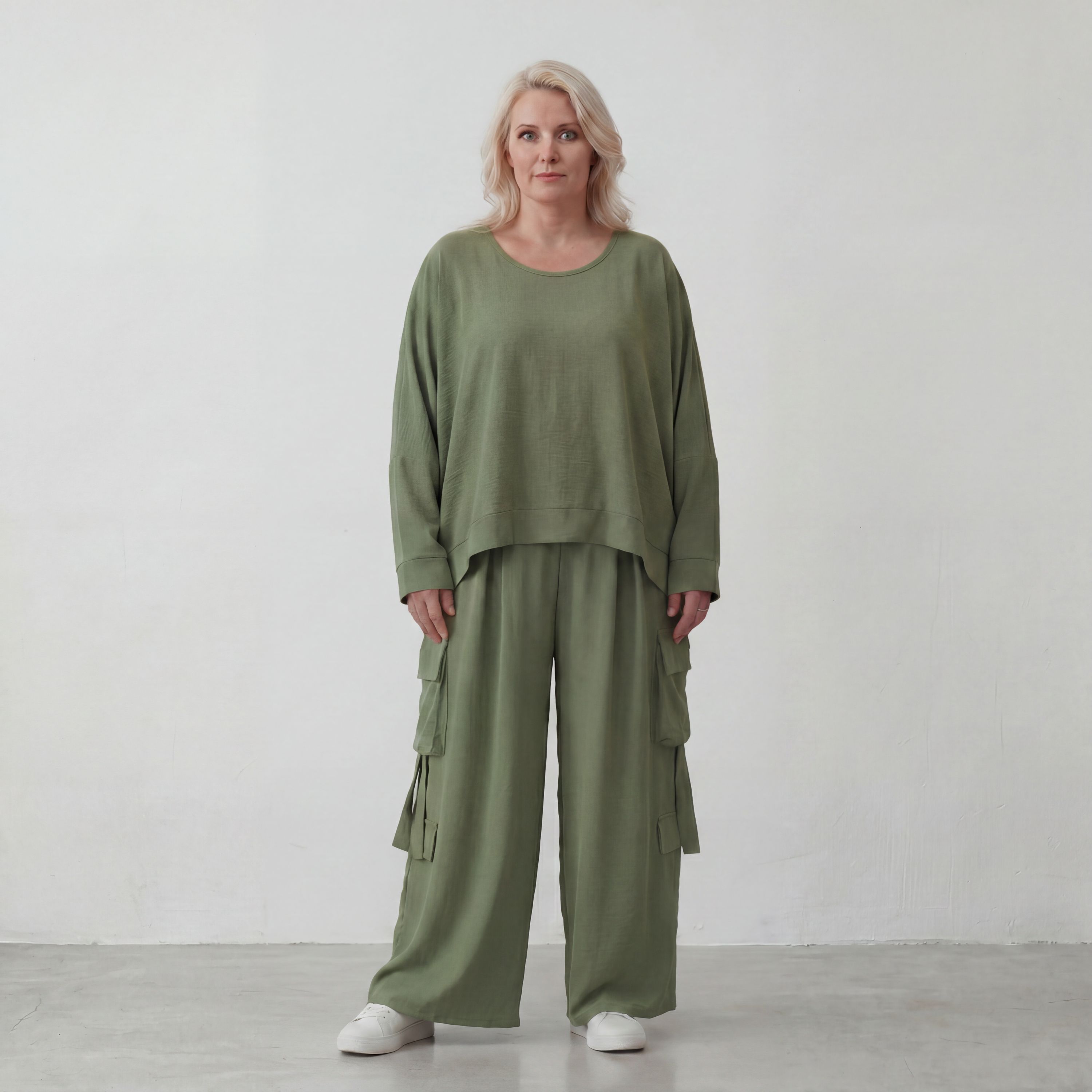 Khaki Ballonhose Lagenlook Oversize luftig ausgefallen zeitlos Fransen Leinenmix Sommer