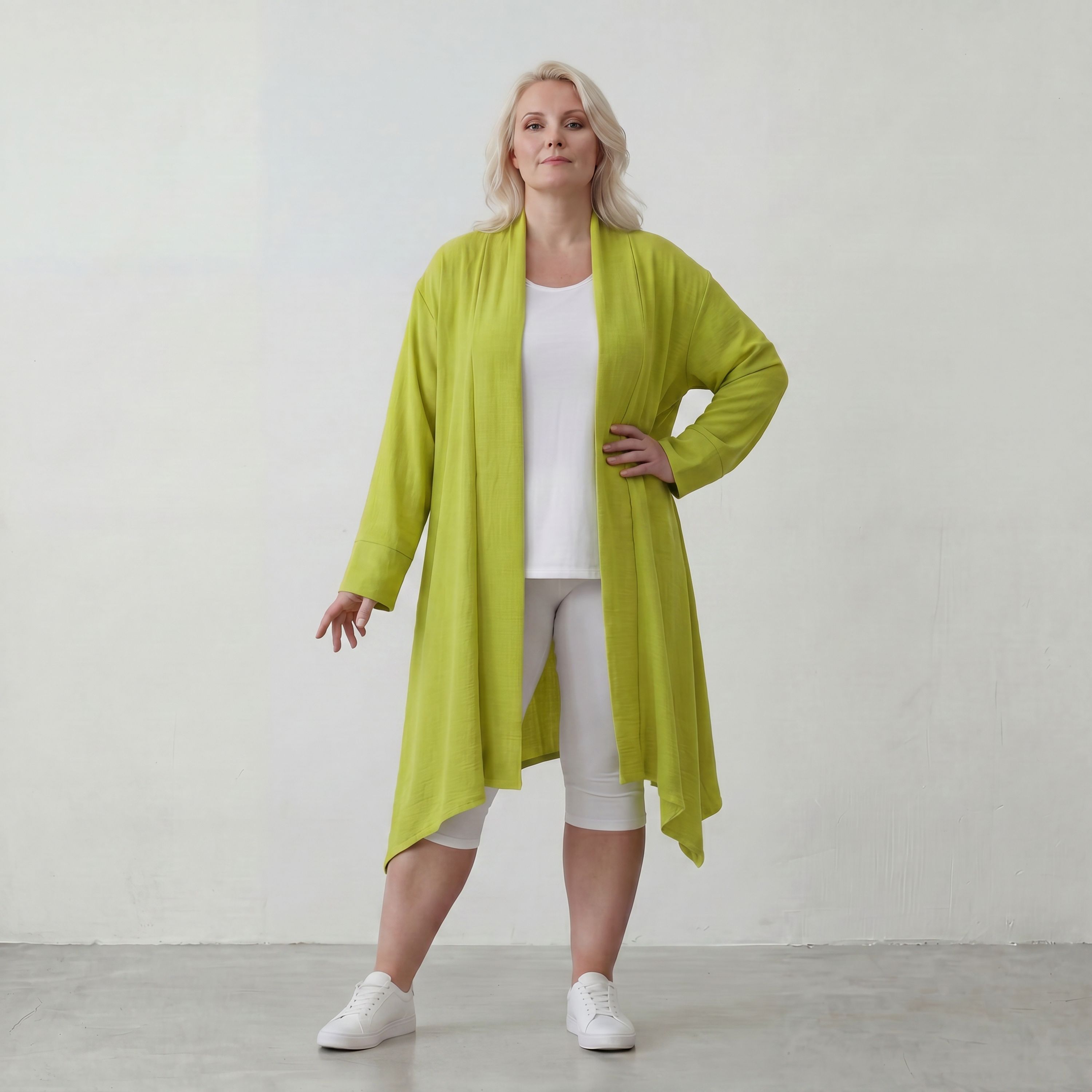 Apfelgrün fliessender Longcardigan im Lagenlook Oversize leger zeitlos luftig Leinenoptik