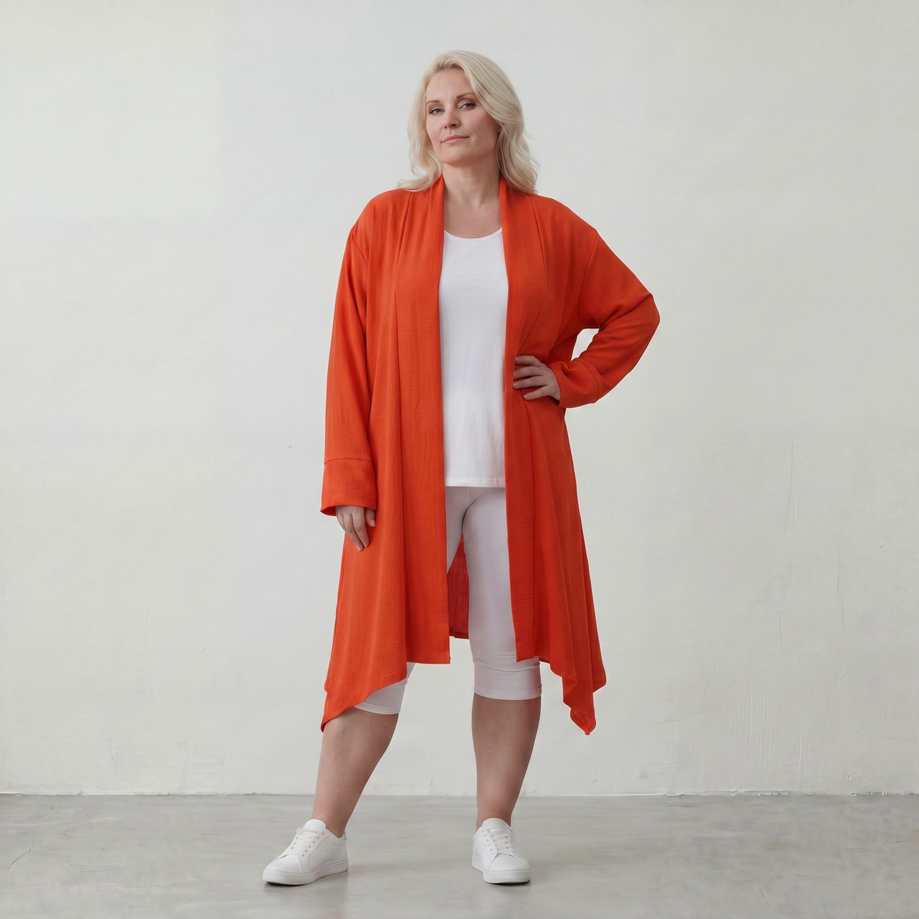 Leichter Oversize Cardigan in Hellrot fliessend mit Leinenoptik Lagenlook luftig zeitlos