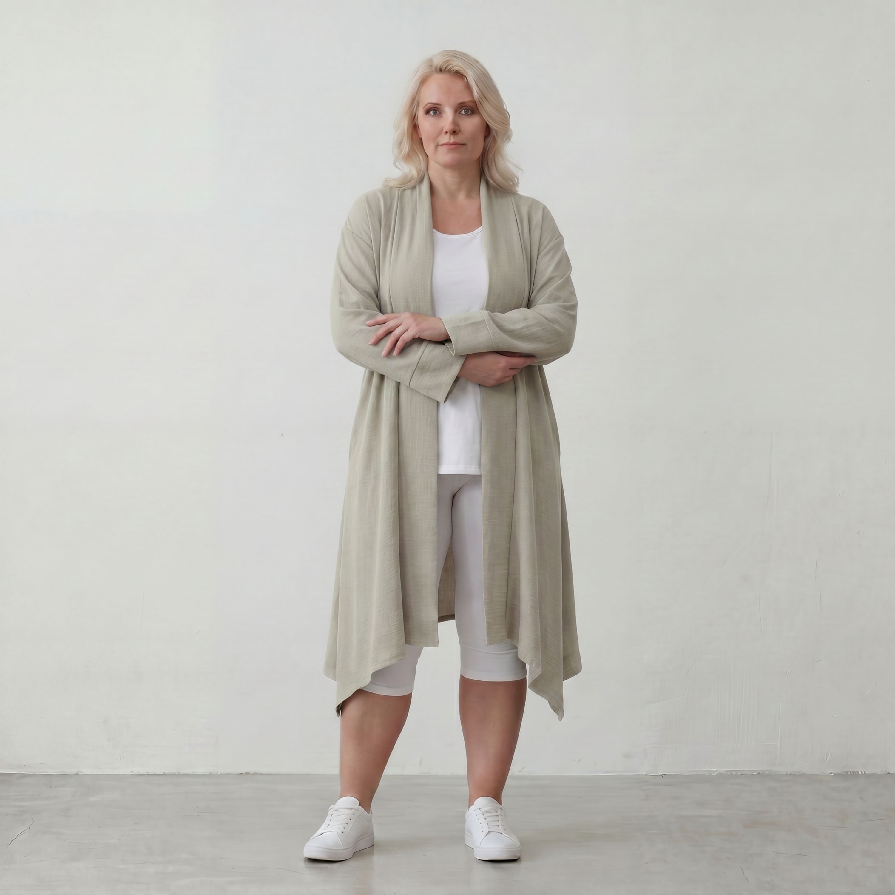 Zeitloser Beige Cardigan Lagenlook Oversize leger ausgefallen mit Leinenoptik Schalkragen