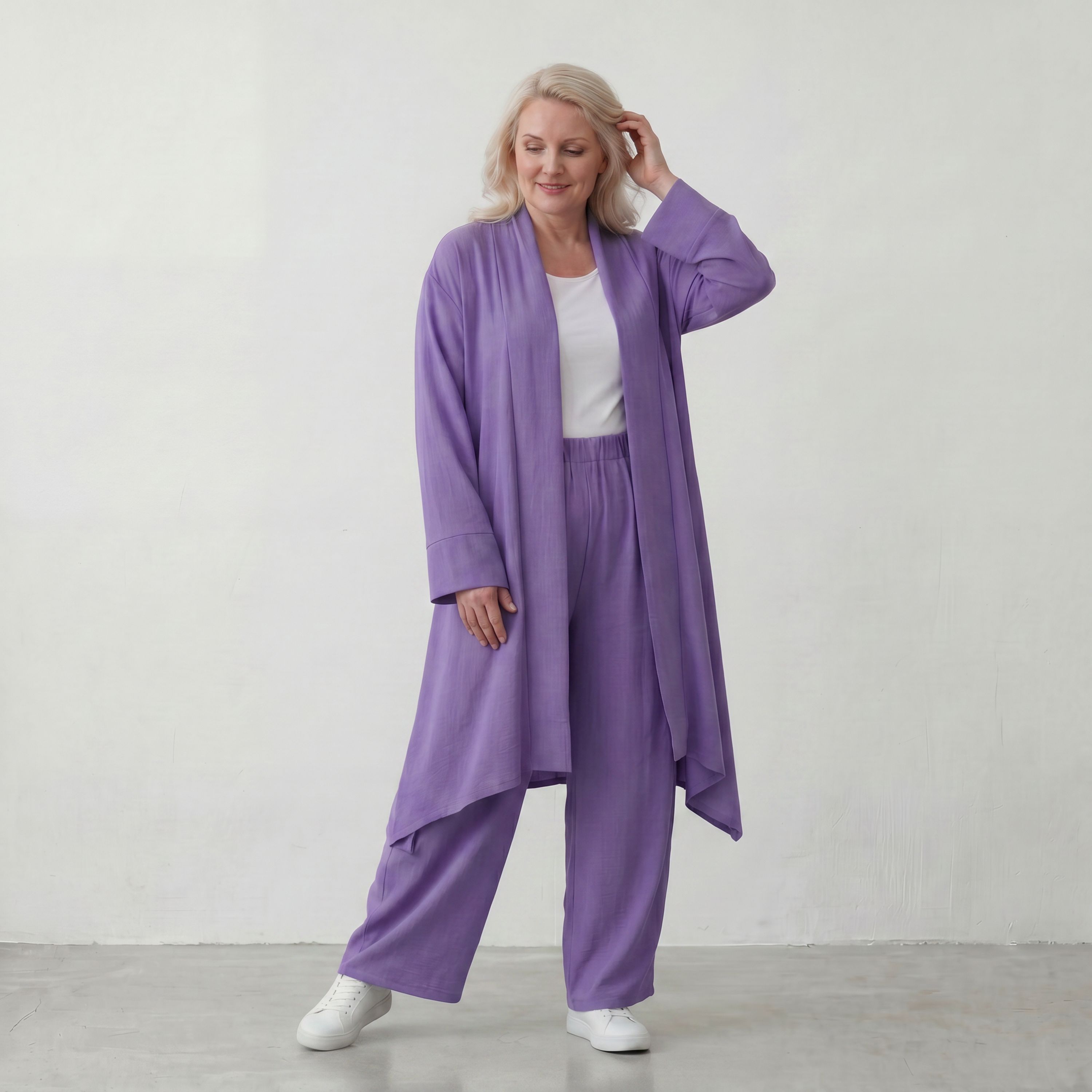 Fliessender Flieder Cardigan im Lagenlook Oversize leicht und zeitlos elegant weich zart
