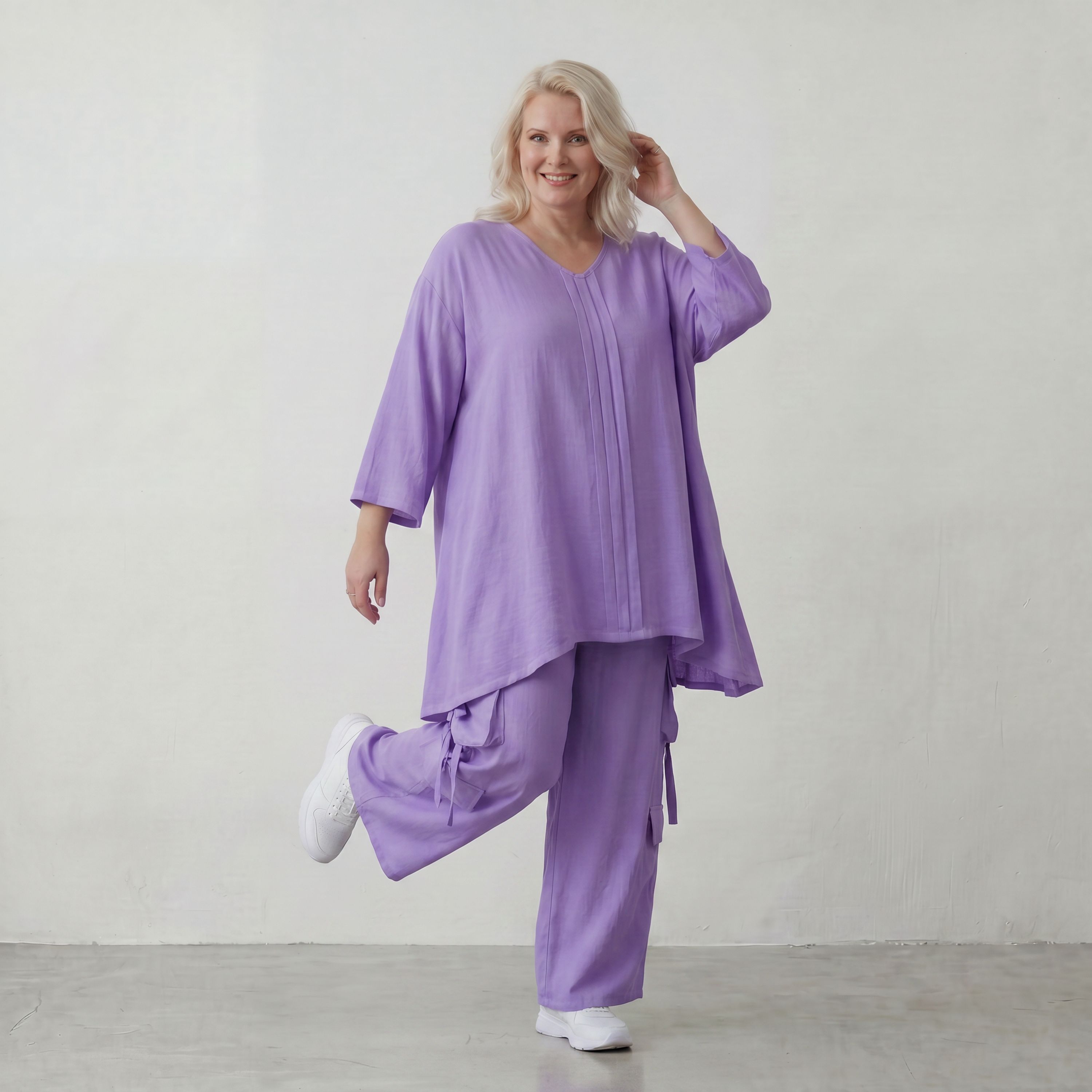 Flieder Leinenlook Shirt im Lagenlook Oversize leger mit V Ausschnitt und Biesen zeitlos