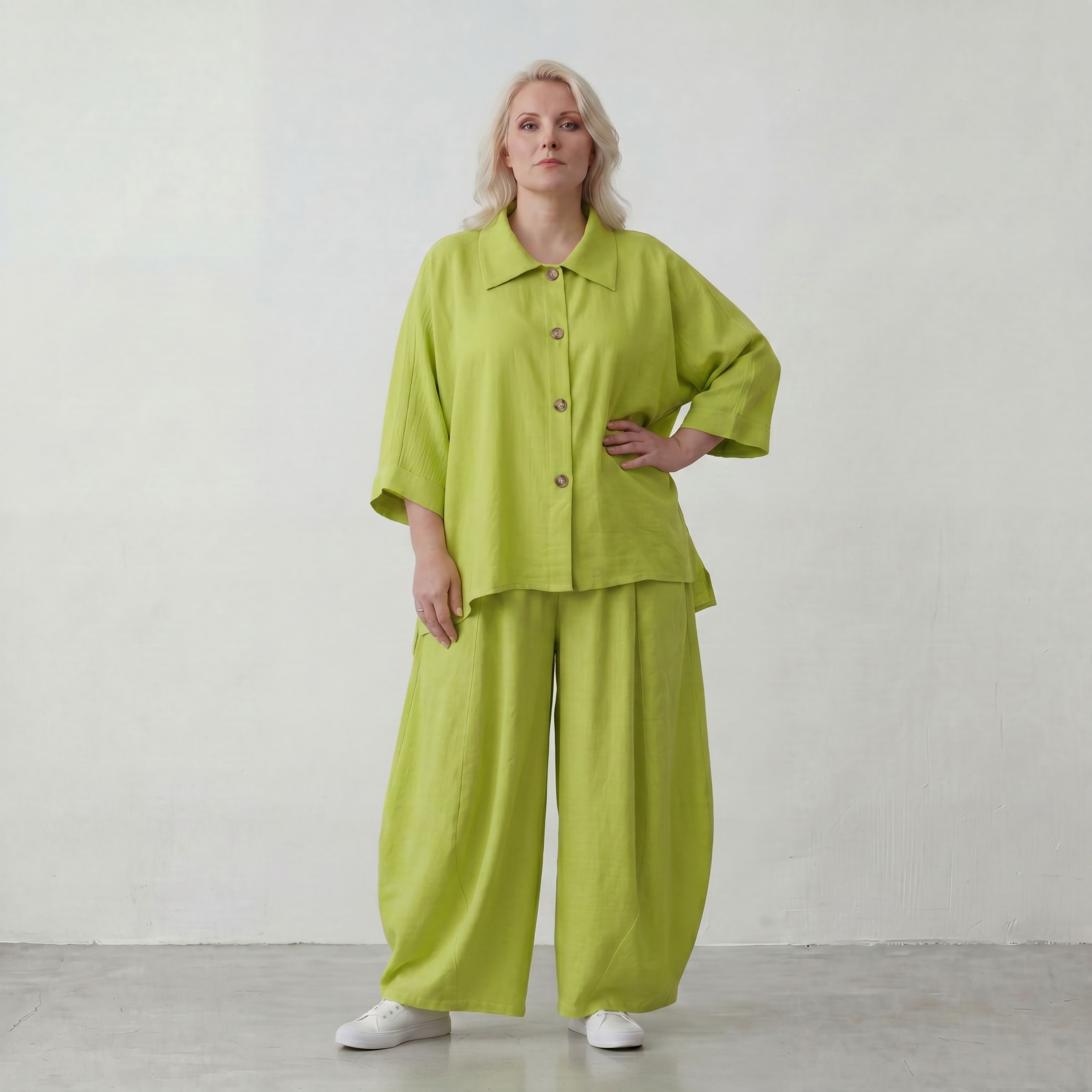 Apfelgrün Oversize Bluse im Lagenlook leger ausgefallen mit Leinen Baumwolle Gefühl cool