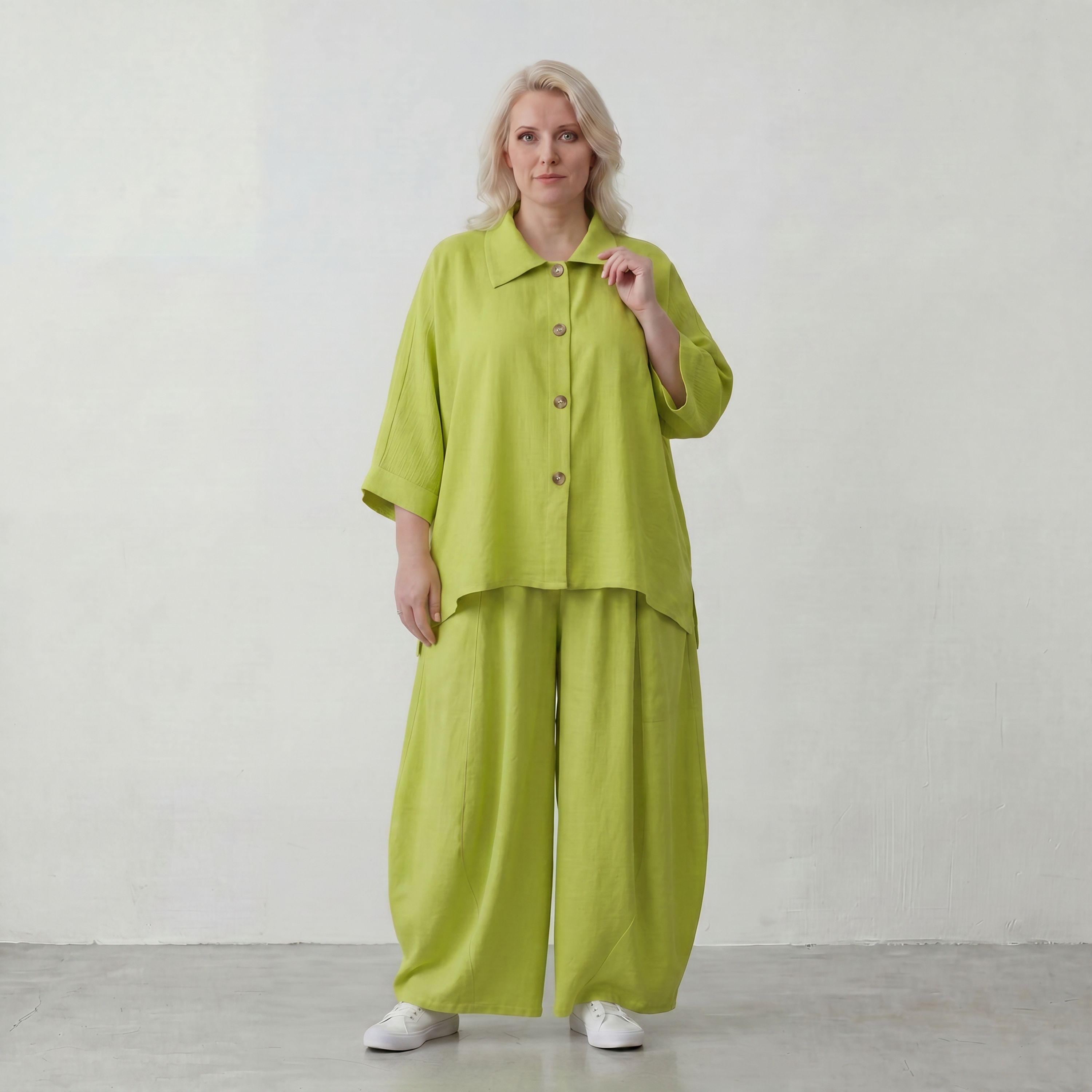 Ballonhose Apfelgrün fliessend neu Lagenlook Oversized lässig zeitlos bequem weites Bein