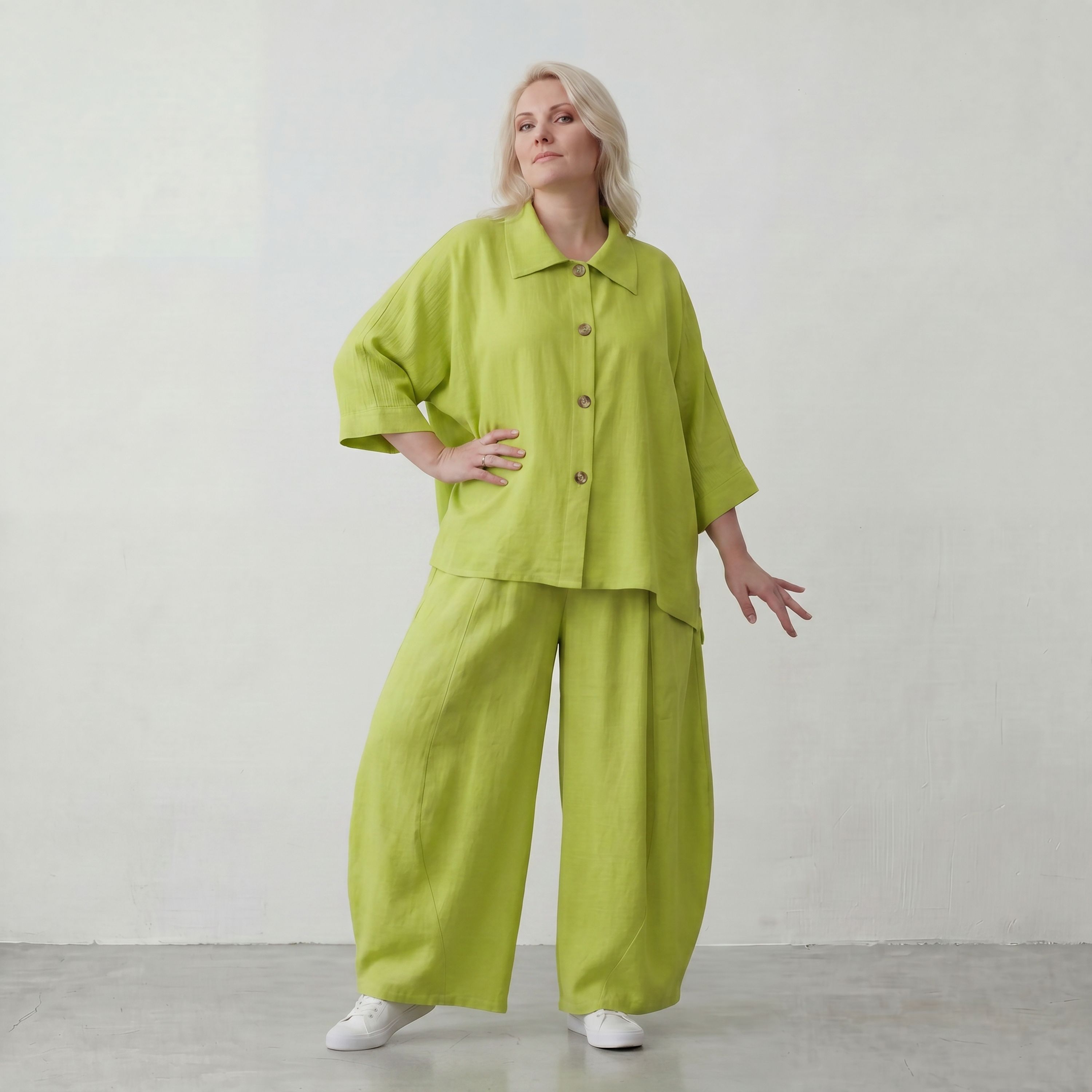 Ballonhose Apfelgrün fliessend neu Lagenlook Oversized lässig zeitlos bequem weites Bein