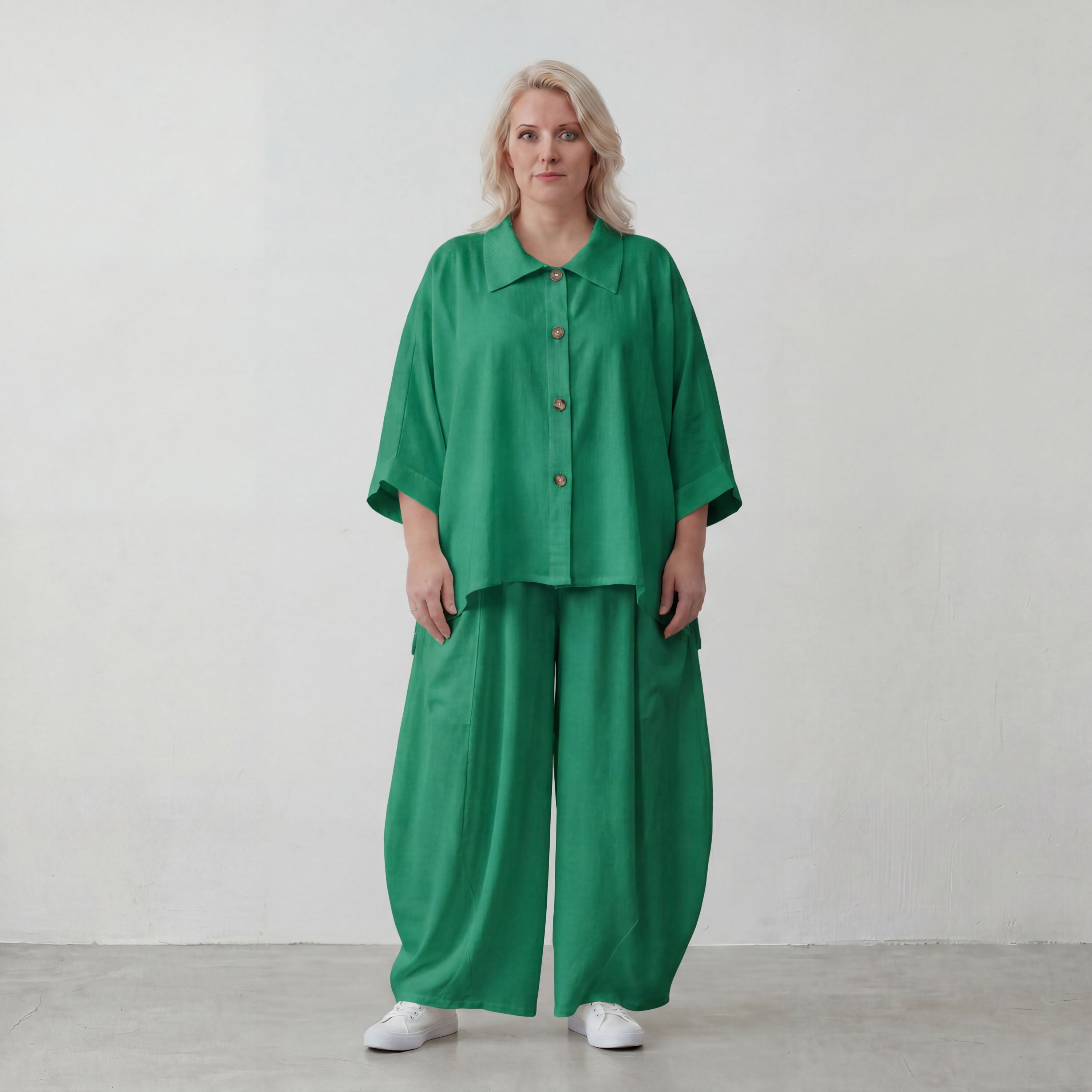 Smaragdgrün Ballonhose leger Oversize Lagenlook mit weitem Bein und leichter Leinenoptik