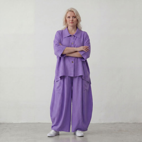 Flieder Oversize Leinenbluse Lagenlook locker zeitlos mit kuehl leichtem Fall soft Griff
