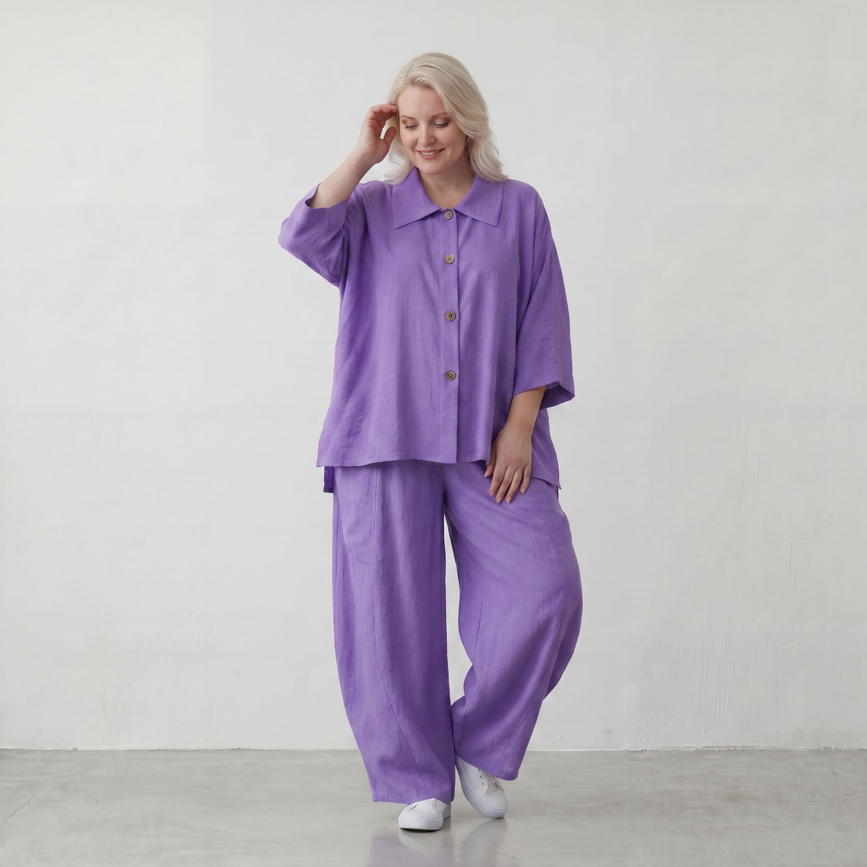 Flieder Oversize Leinenbluse Lagenlook locker zeitlos mit kuehl leichtem Fall soft Griff