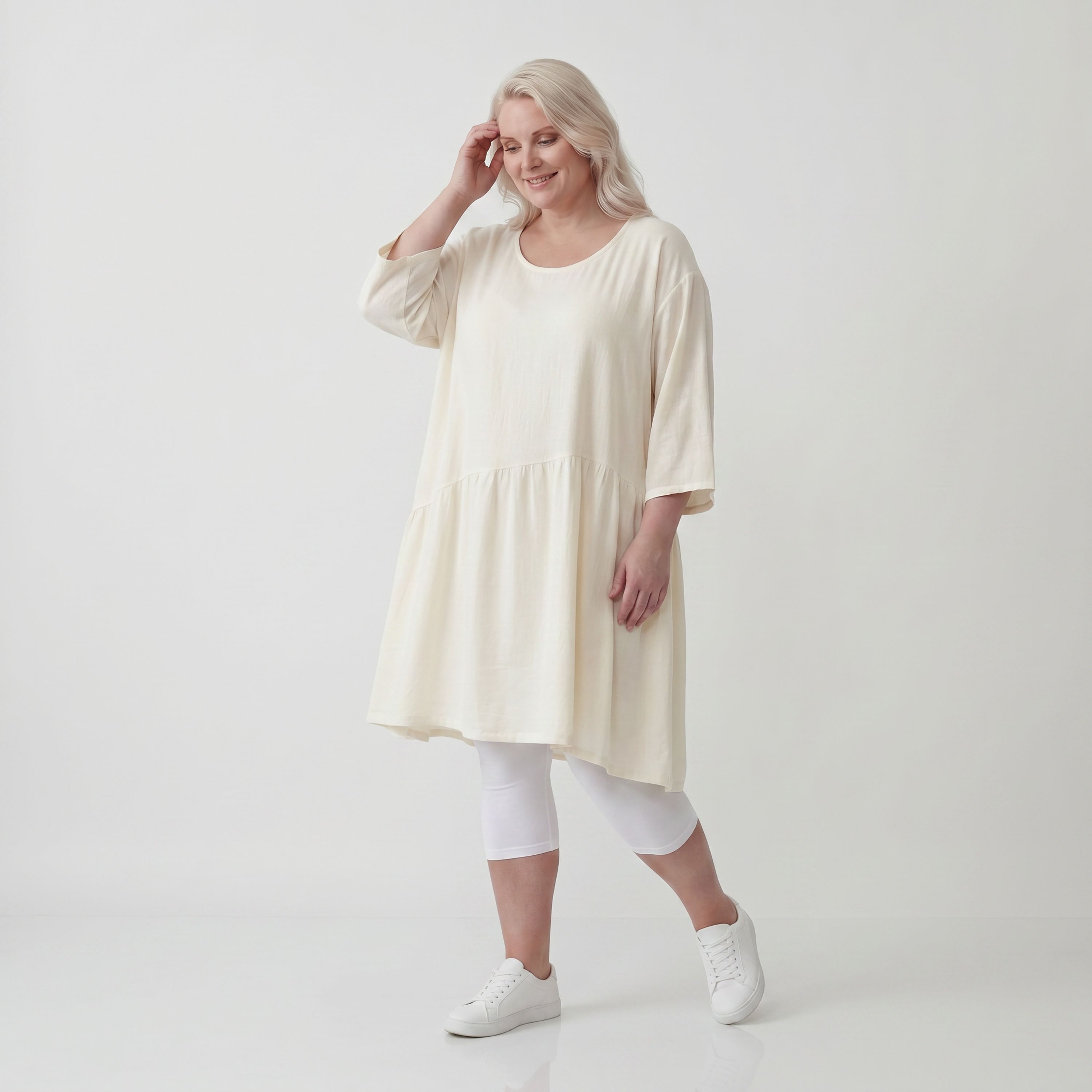 Leinenoptik Kleid in Creme Lagenlook leger Oversize A Linie zeitlos luftig weich elegant