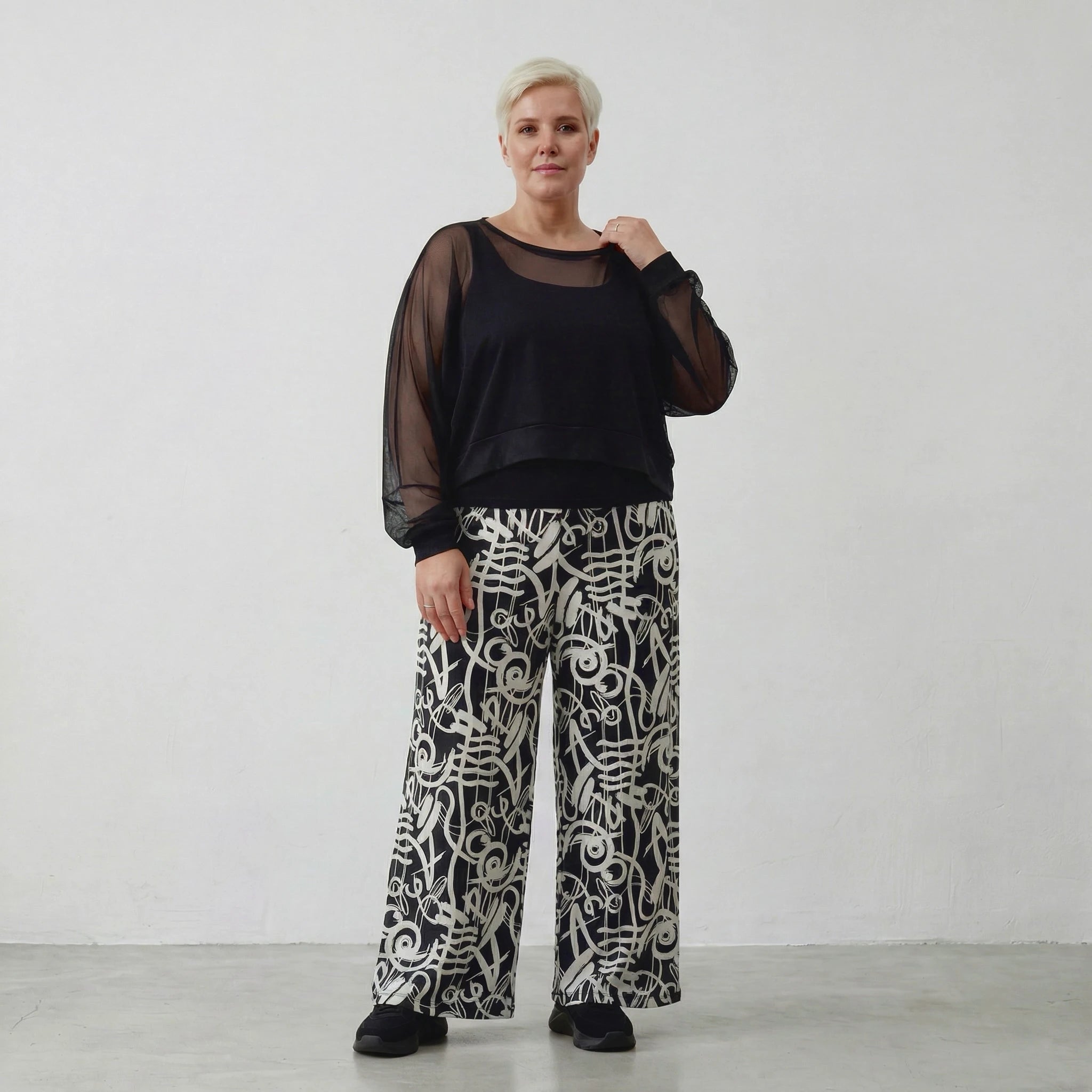 Ausgefallene Palazzo Hose im legeren Lagenlook mit fließender, elastischer Passform, Schwarz/Weiß