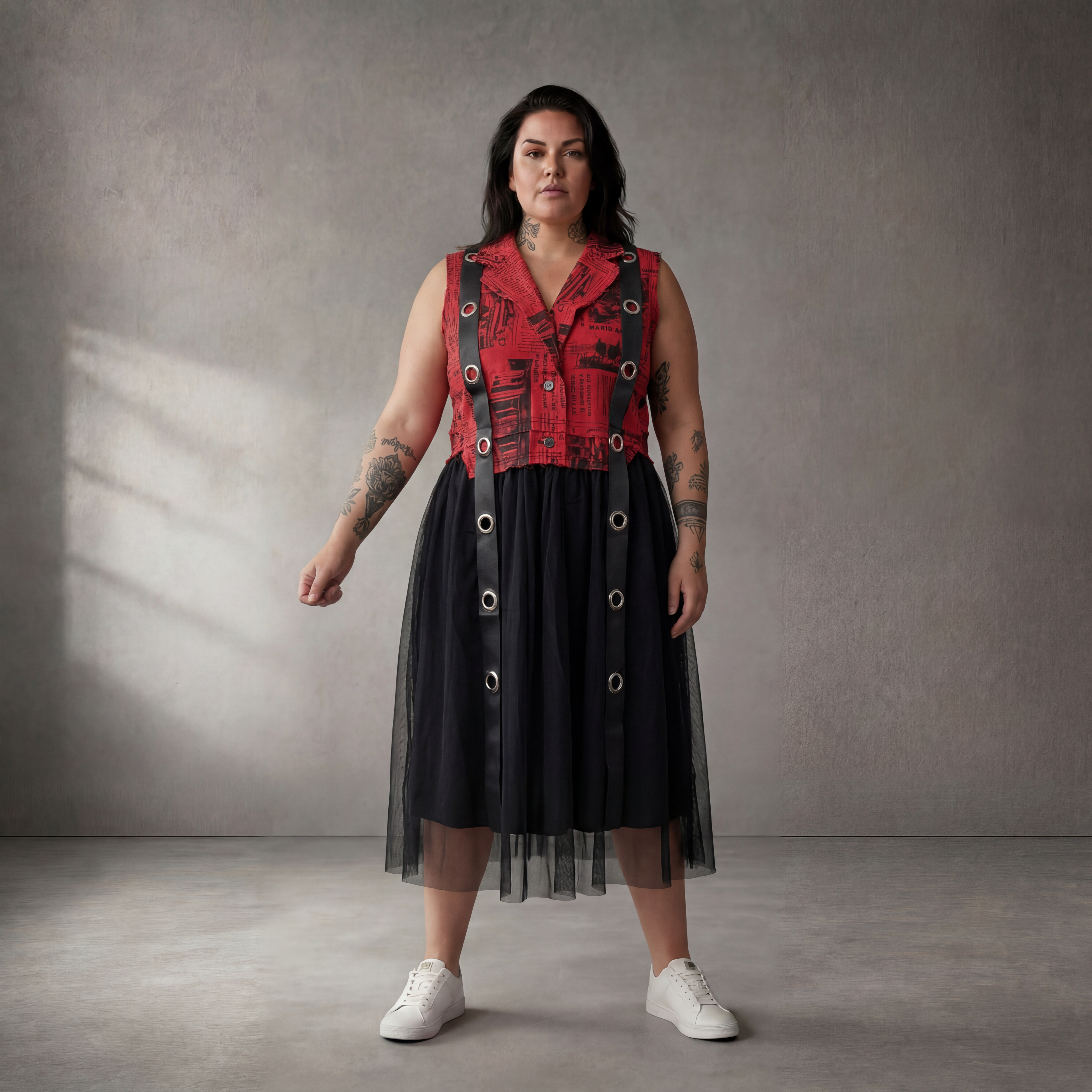 Trendige Oversize Lagenlook Jeansweste Rot Schwarz aus Baumwolle leicht zeitlos modisch