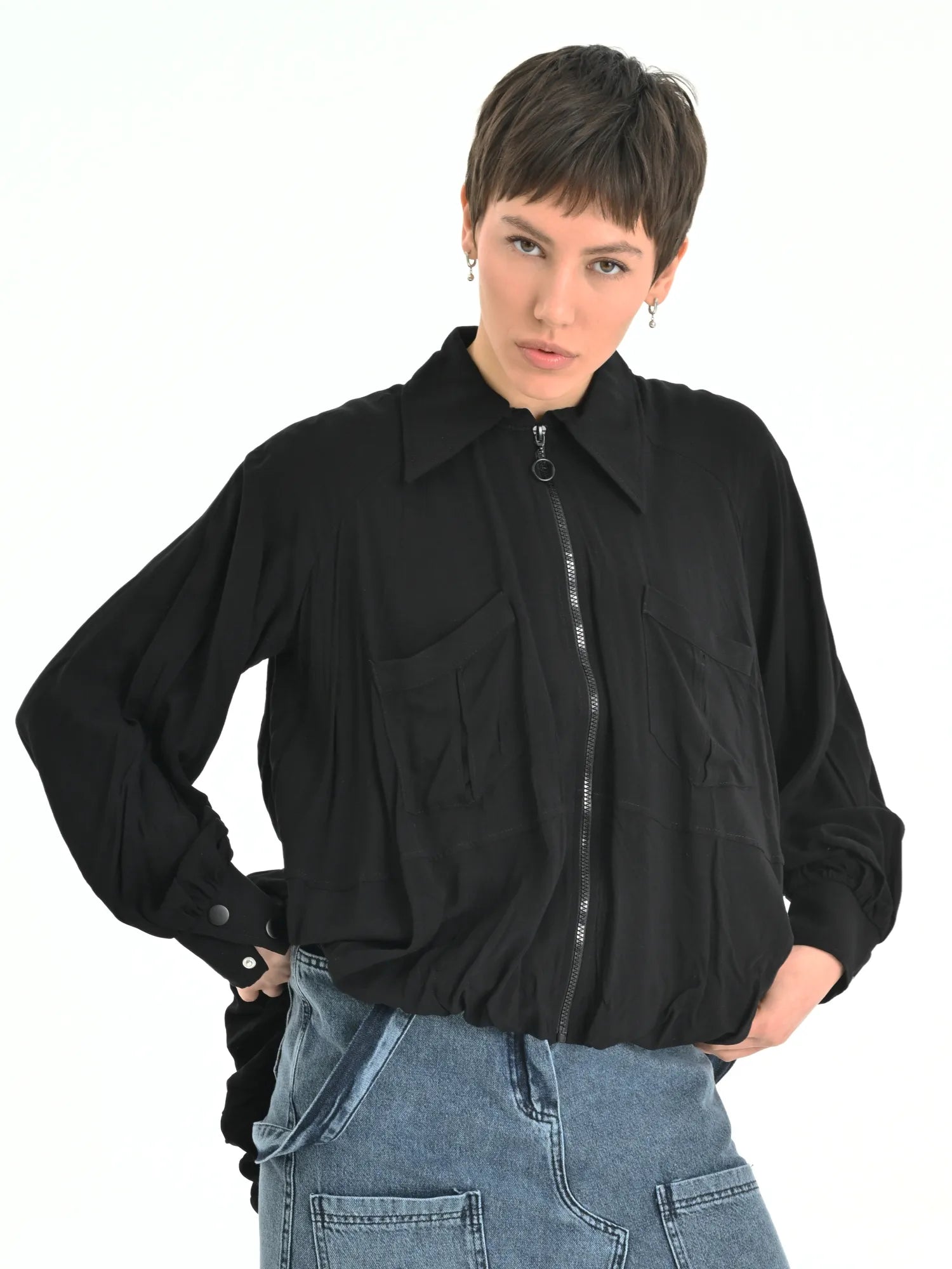  Just Angels Bluse in Vokuhila-Form, aus Viskose, 1041, Schwarz, Schick, Modern, Bequem