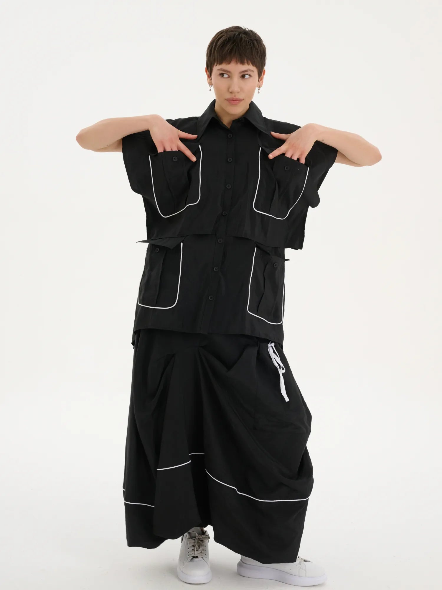  A-Form Bluse von Les Mios aus Baumwolle, 7027, Schwarz/Weiß, Schick, Modern, Bequem