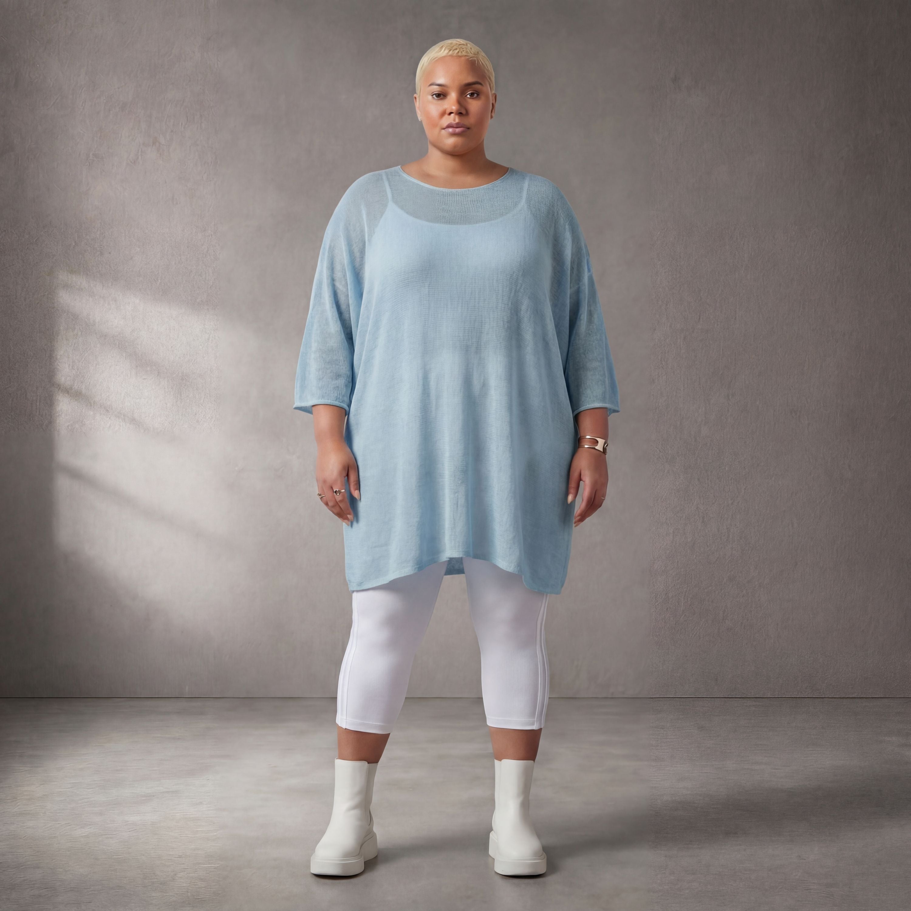Damen Shirt Lagenlook Baumwolle Hellblau, gerader Schnitt, Kurzarm, Oversize große Größen – Funky Diva
