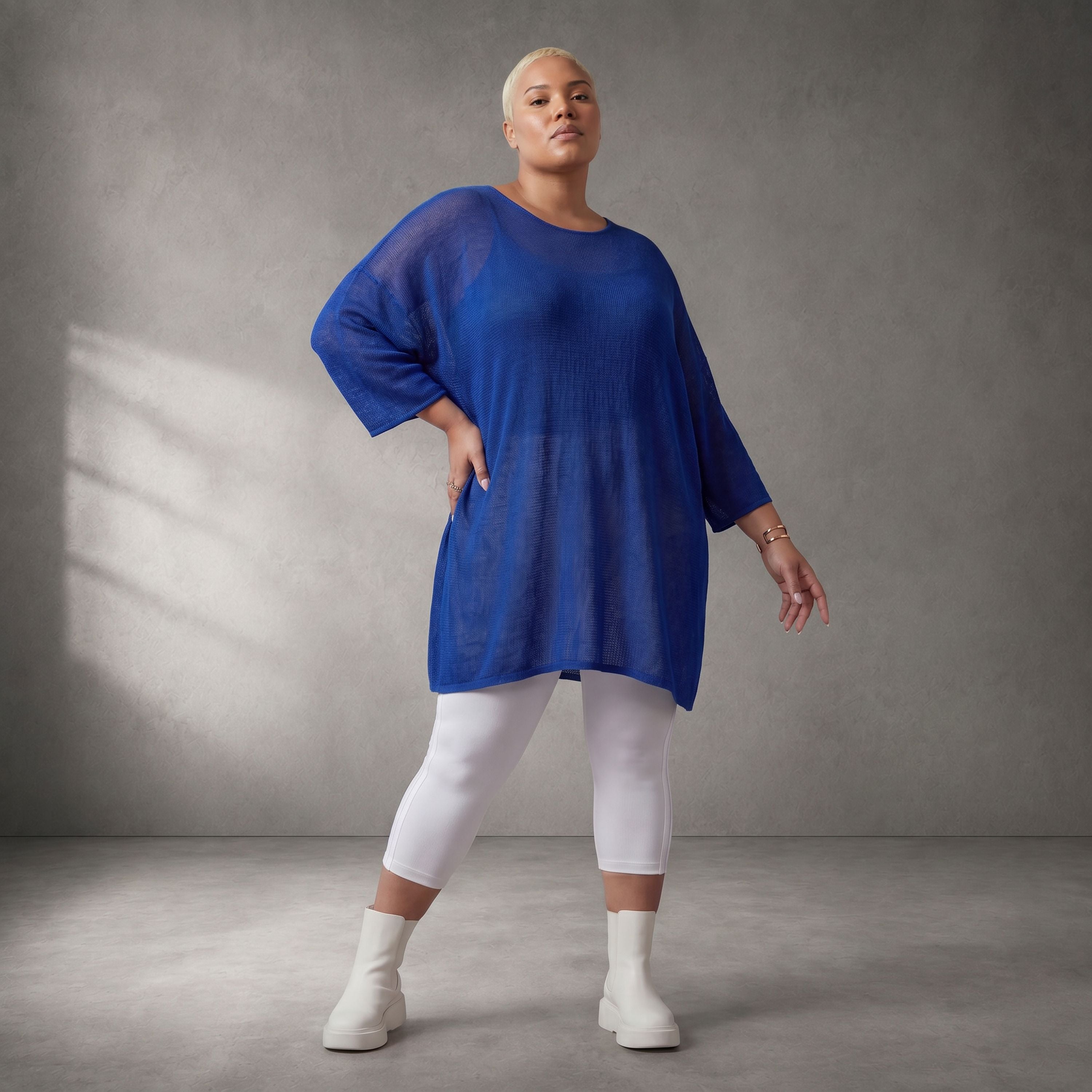 Damen Shirt Lagenlook Baumwolle Blau, gerader Schnitt, Kurzarm, Oversize große Größen – Funky Diva