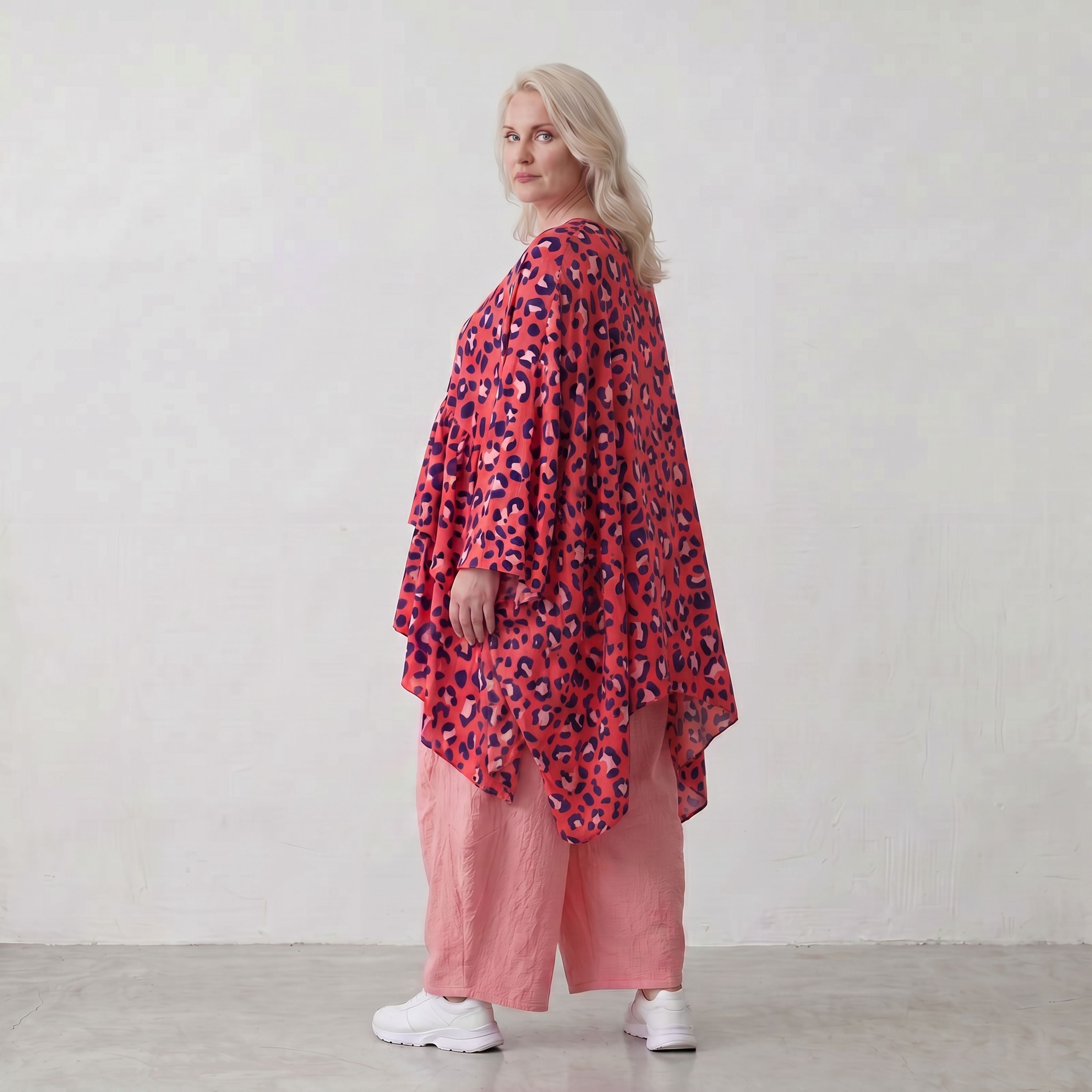 Damen Shirt Lagenlook Baumwolle Fuchsia/Marine, kastiger Schnitt, Kurzarm, V-Ausschnitt, Oversize große Größen – AKH Fashion