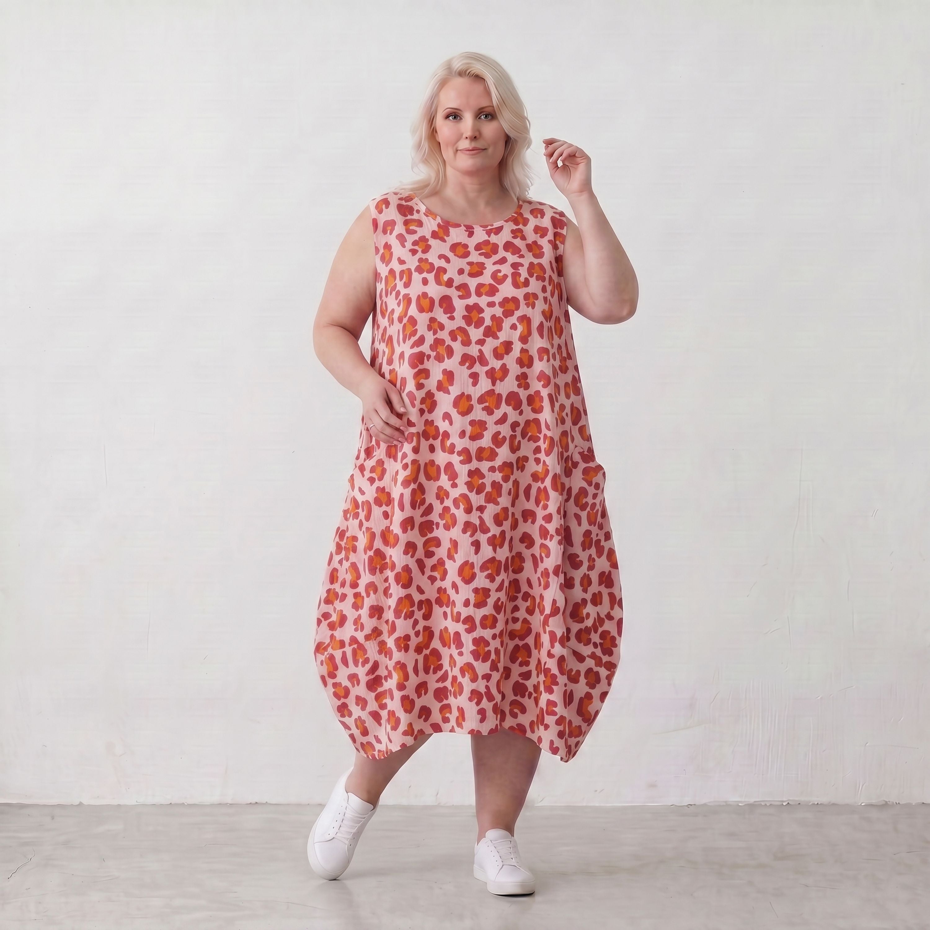 Damen Kleid Lagenlook Baumwolle Rose/Rot, Ballonschnitt, Taschen, Oversize große Größen – AKH Fashion