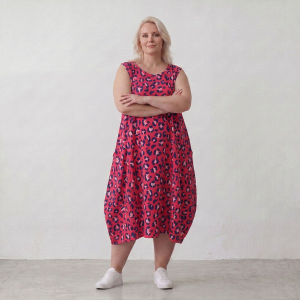 Damen Kleid Lagenlook Baumwolle Fuchsia/Marine, Ballonschnitt, Taschen, Oversize große Größen – AKH Fashion