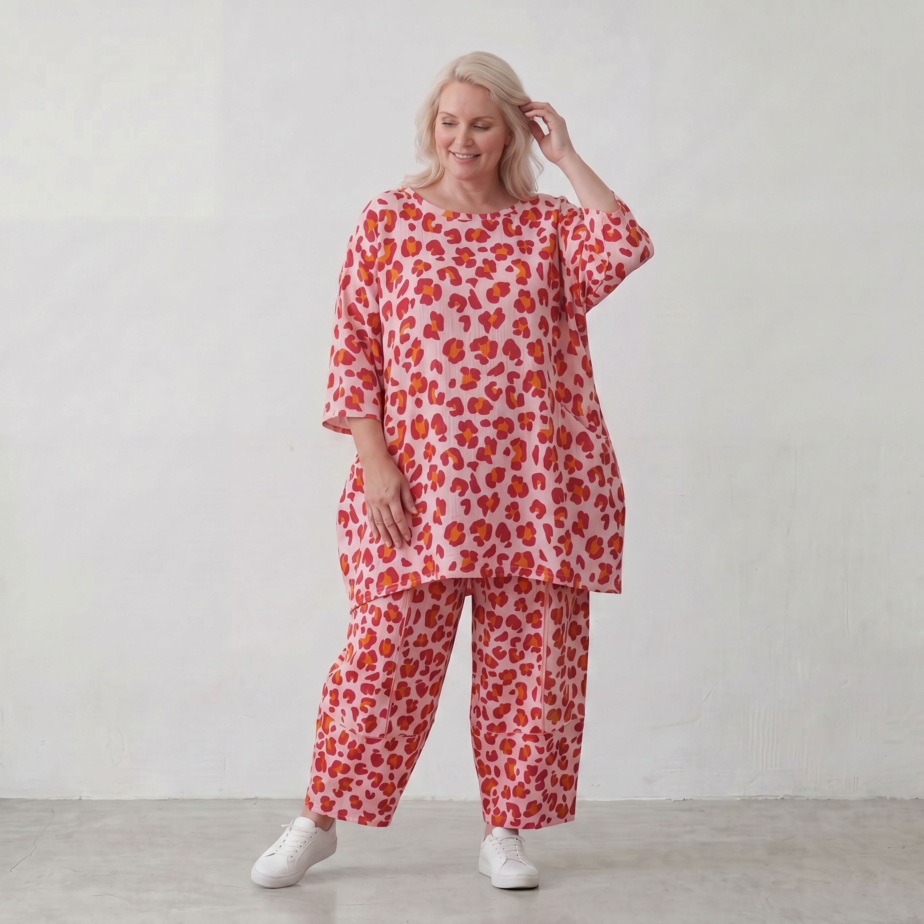 Damen Hose Lagenlook Baumwolle Rose/Rot, Ballonschnitt, Elastikbund, Oversize große Größen – AKH Fashion