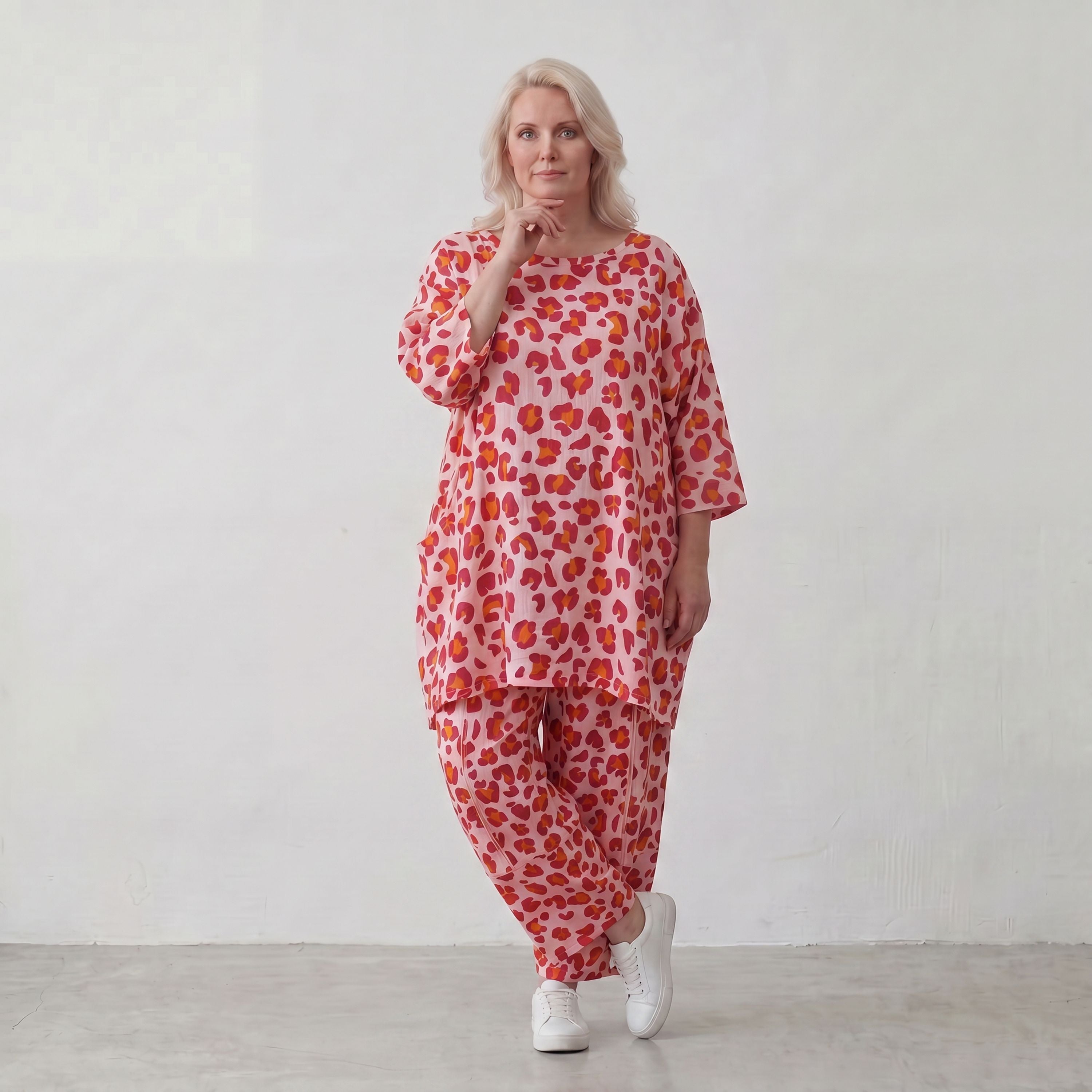 Damen Hose Lagenlook Baumwolle Rose/Rot, Ballonschnitt, Elastikbund, Oversize große Größen – AKH Fashion