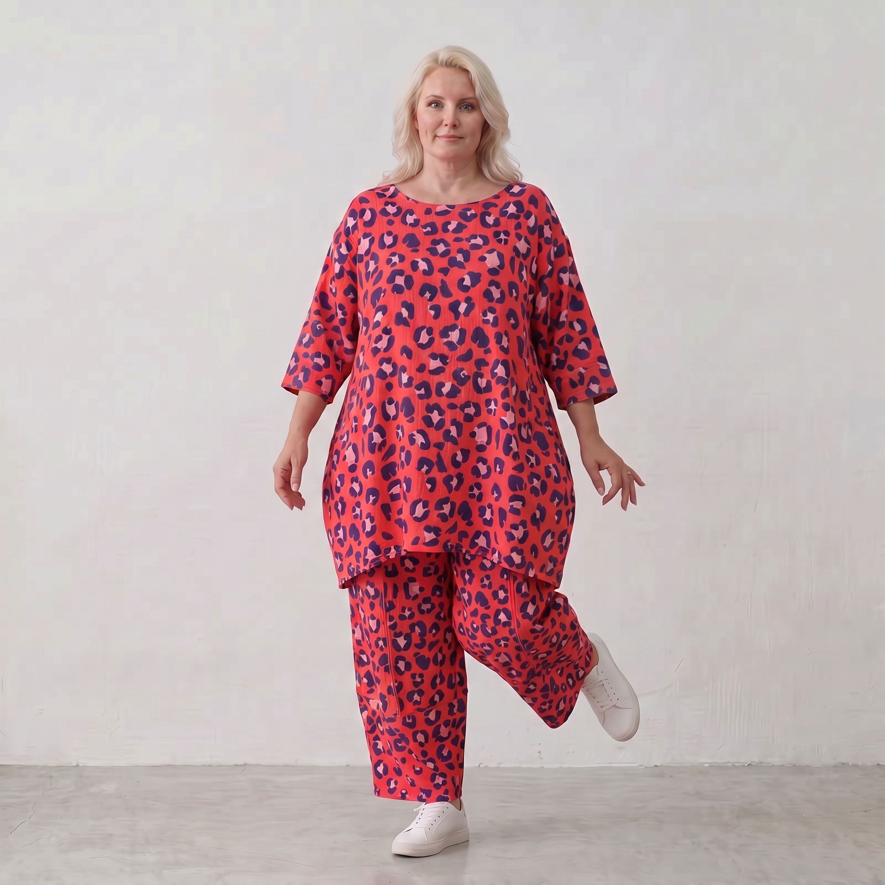 Damen Shirt Lagenlook Baumwolle Fuchsia/Marine, A-Form, 3/4-Arm, Taschen, Oversize große Größen – AKH Fashion