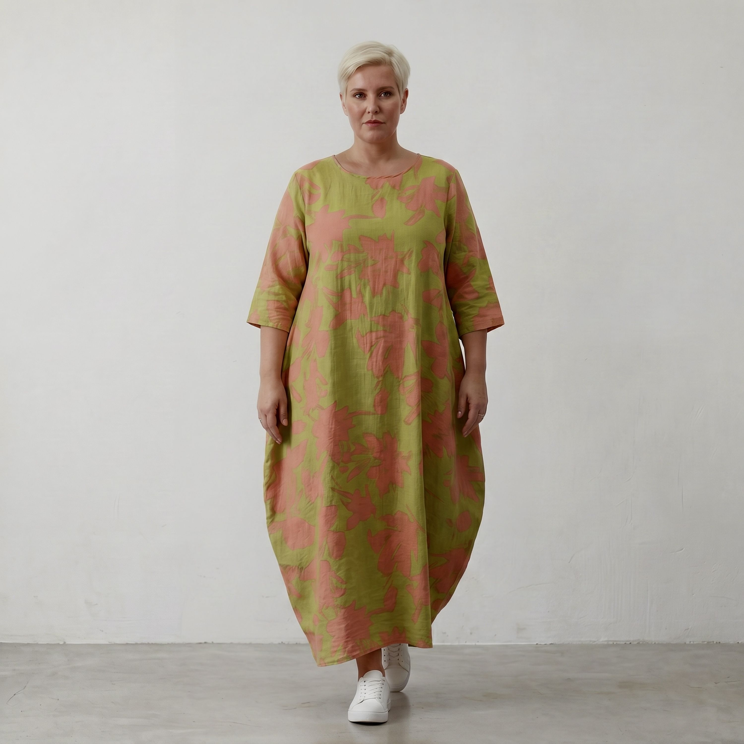 Ballonkleid in Apfelgrün und Korallrot im Klecksdesign aus Popeline mit Schimmerlook