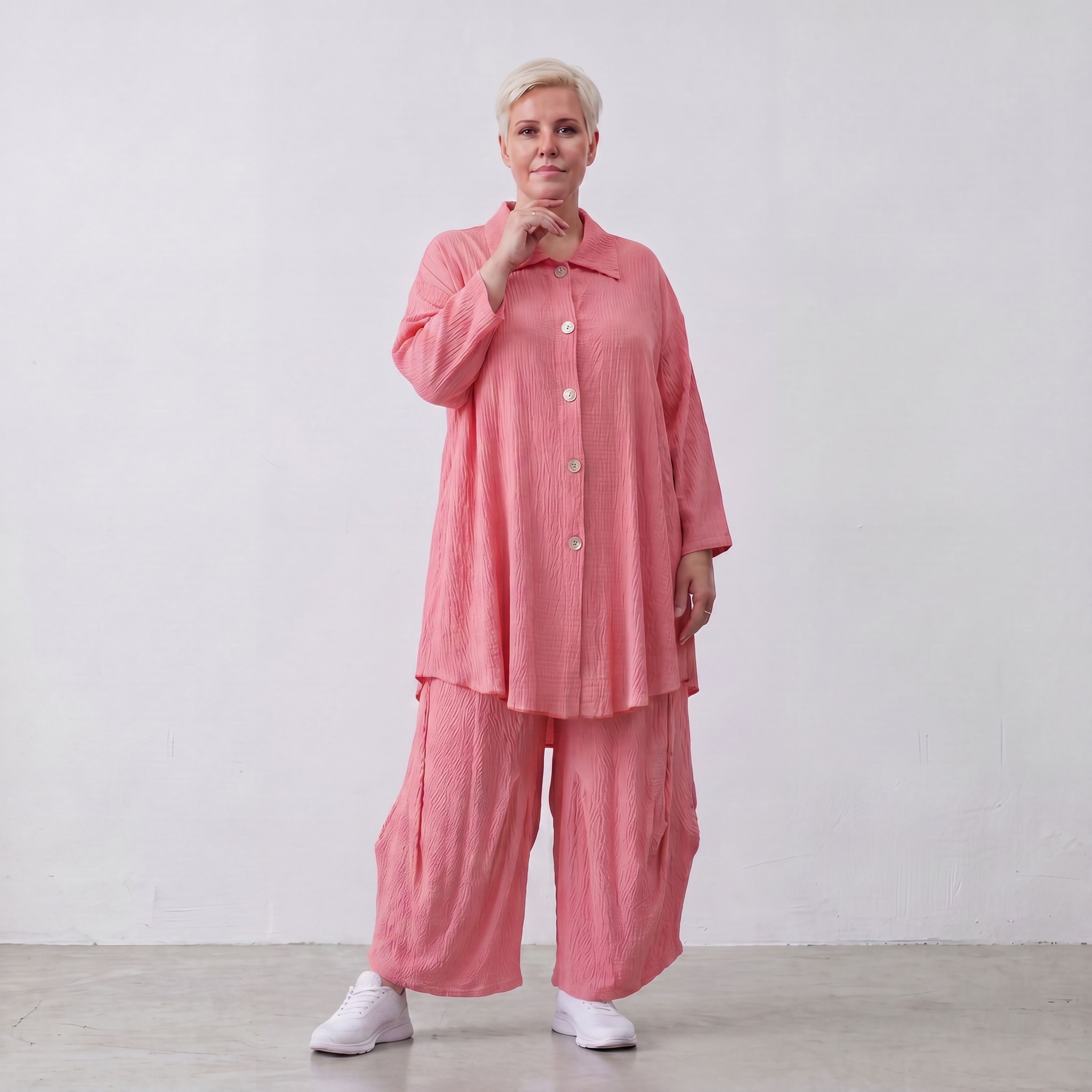 Damen Bluse Lagenlook Viskose Rosa, 3/4-Arm, Knopfleiste, Oversize große Größen – AKH Fashion