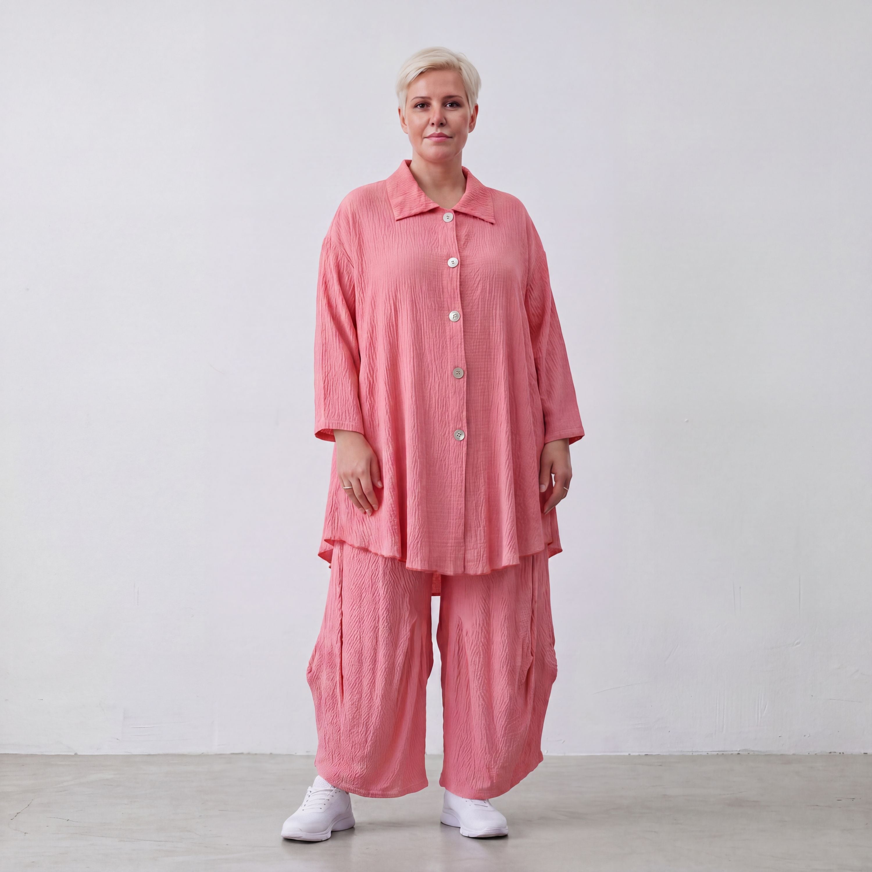 Damen Bluse Lagenlook Viskose Rosa, 3/4-Arm, Knopfleiste, Oversize große Größen – AKH Fashion