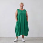 Damen Kleid Lagenlook Viskose Grün, Ballonschnitt, ärmellos, Taschen, Oversize große Größen – AKH Fashion