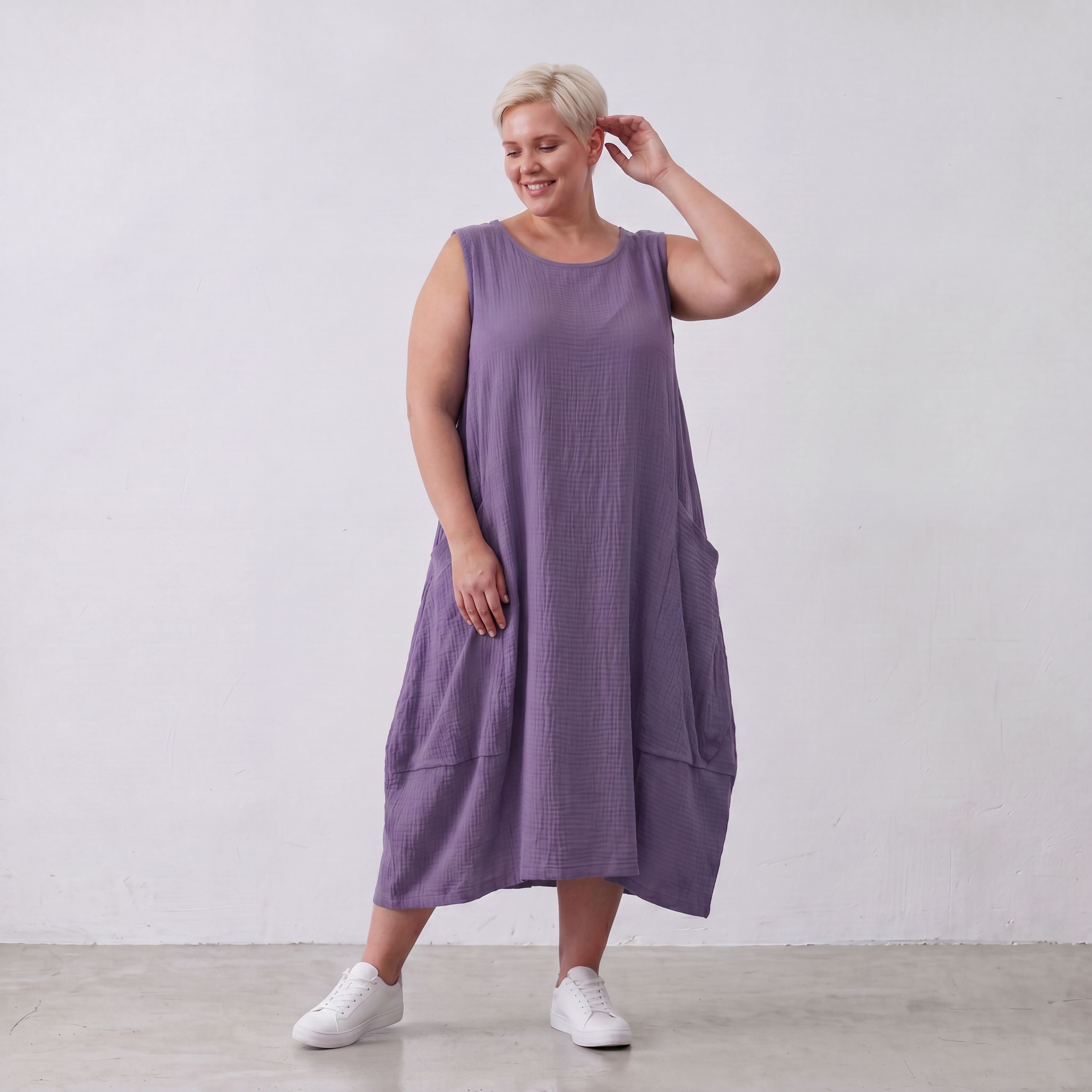Damen Kleid Lagenlook Viskose Lila, Ballonschnitt, ärmellos, Taschen, Oversize große Größen – AKH Fashion