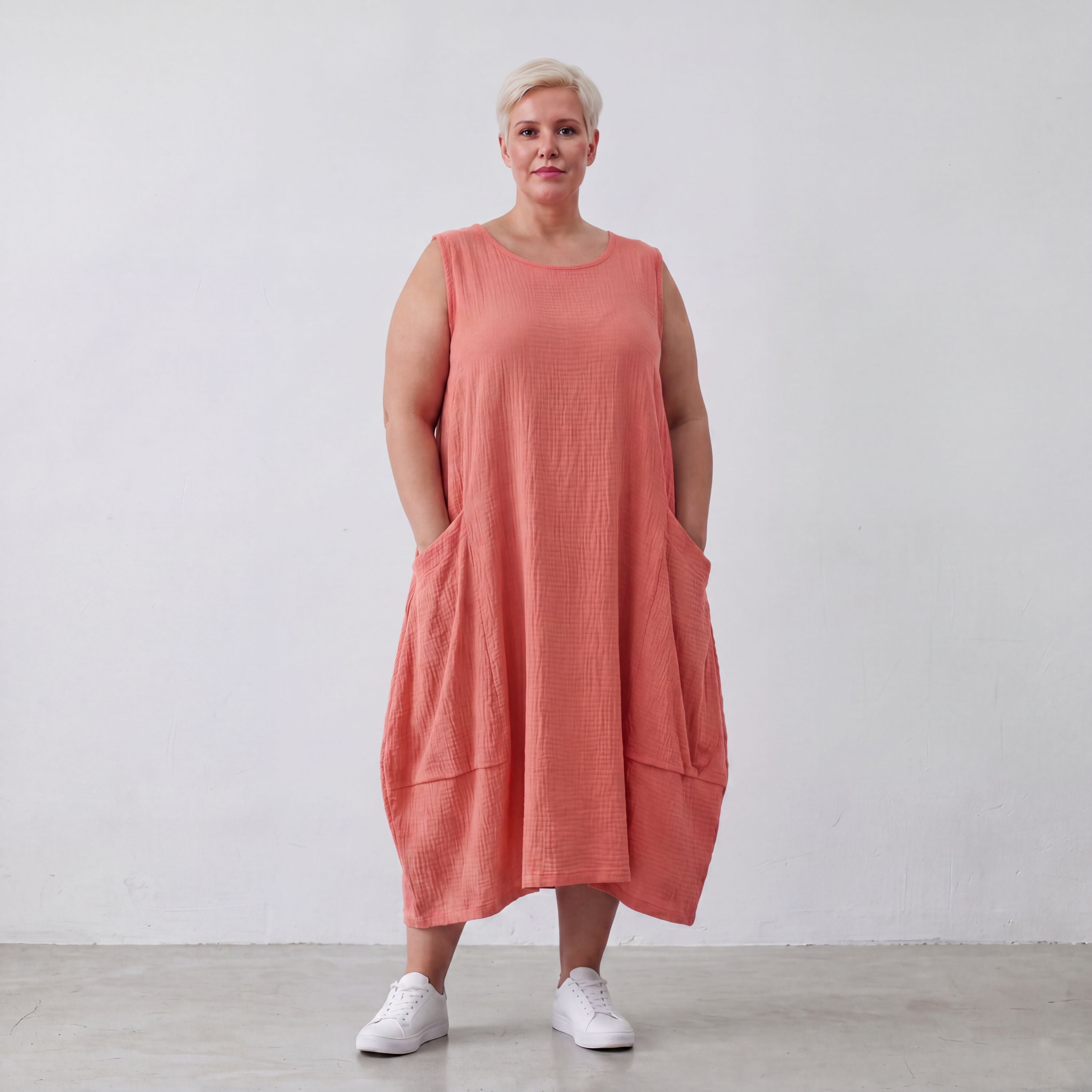 Damen Kleid Lagenlook Viskose Rosa, Ballonschnitt, ärmellos, Oversize große Größen – AKH Fashion