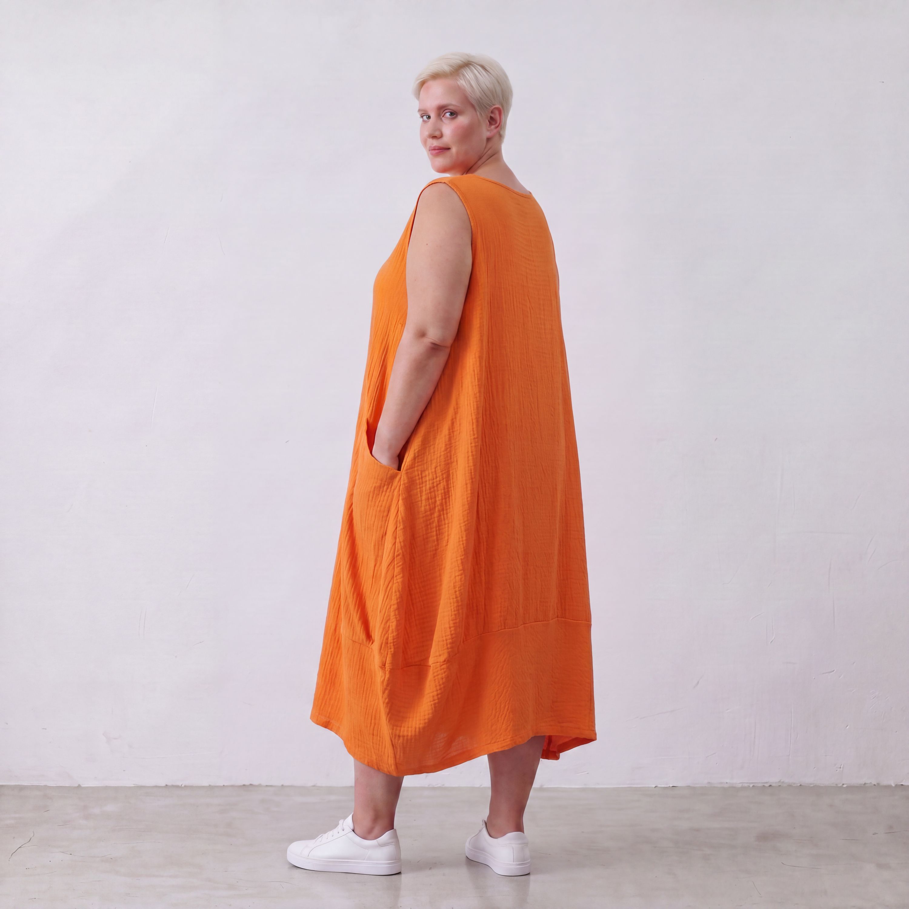 Damen Kleid Lagenlook Viskose Orange, Ballonschnitt, ärmellos, Taschen, Oversize große Größen – AKH Fashion