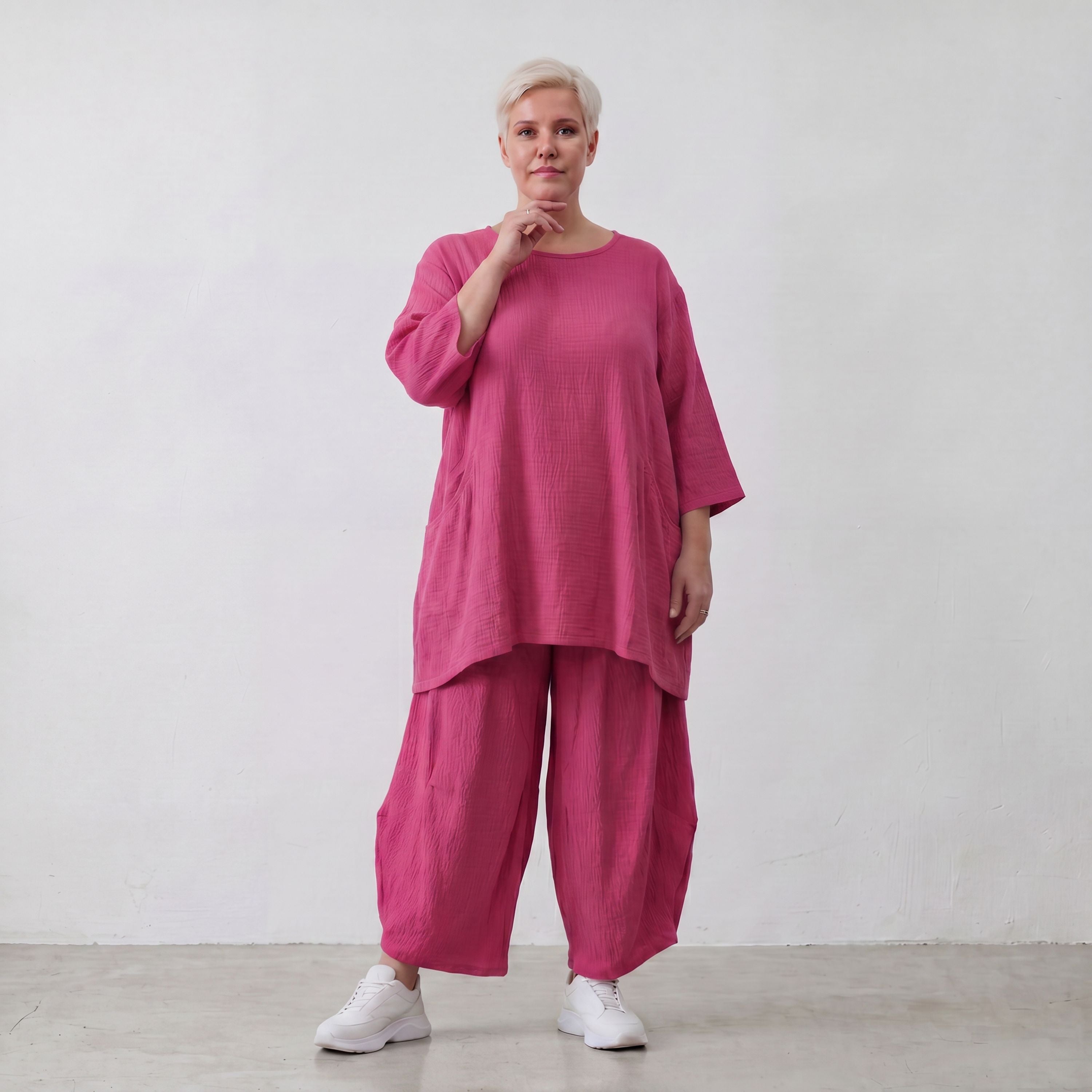 Damen Shirt Lagenlook Viskose Fuchsia, A-Linie, Seitentaschen, Oversize große Größen – AKH Fashion