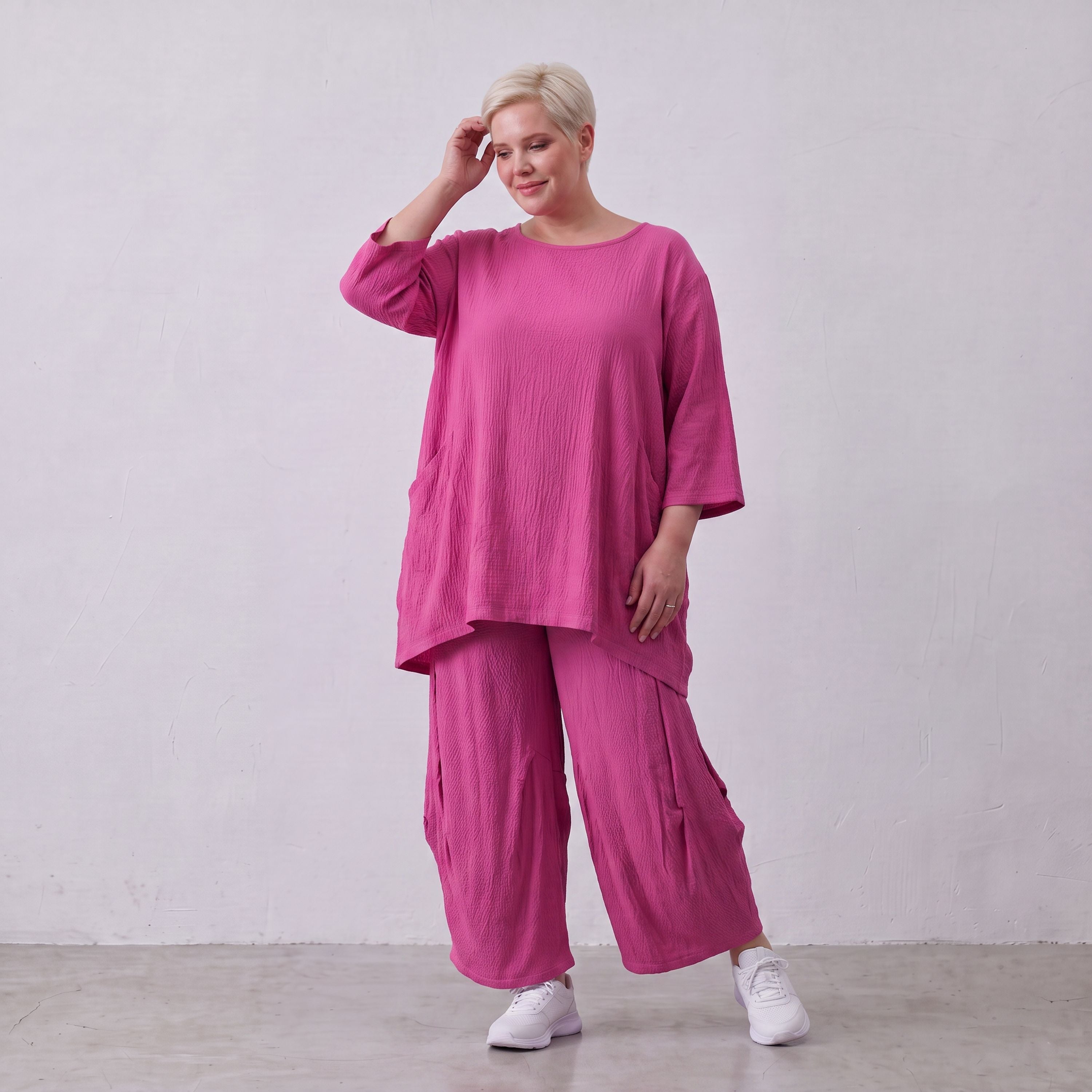 Damen Hose Lagenlook Viskose Fuchsia, Ballonschnitt, Flügeltaschen, Oversize große Größen – AKH Fashion
