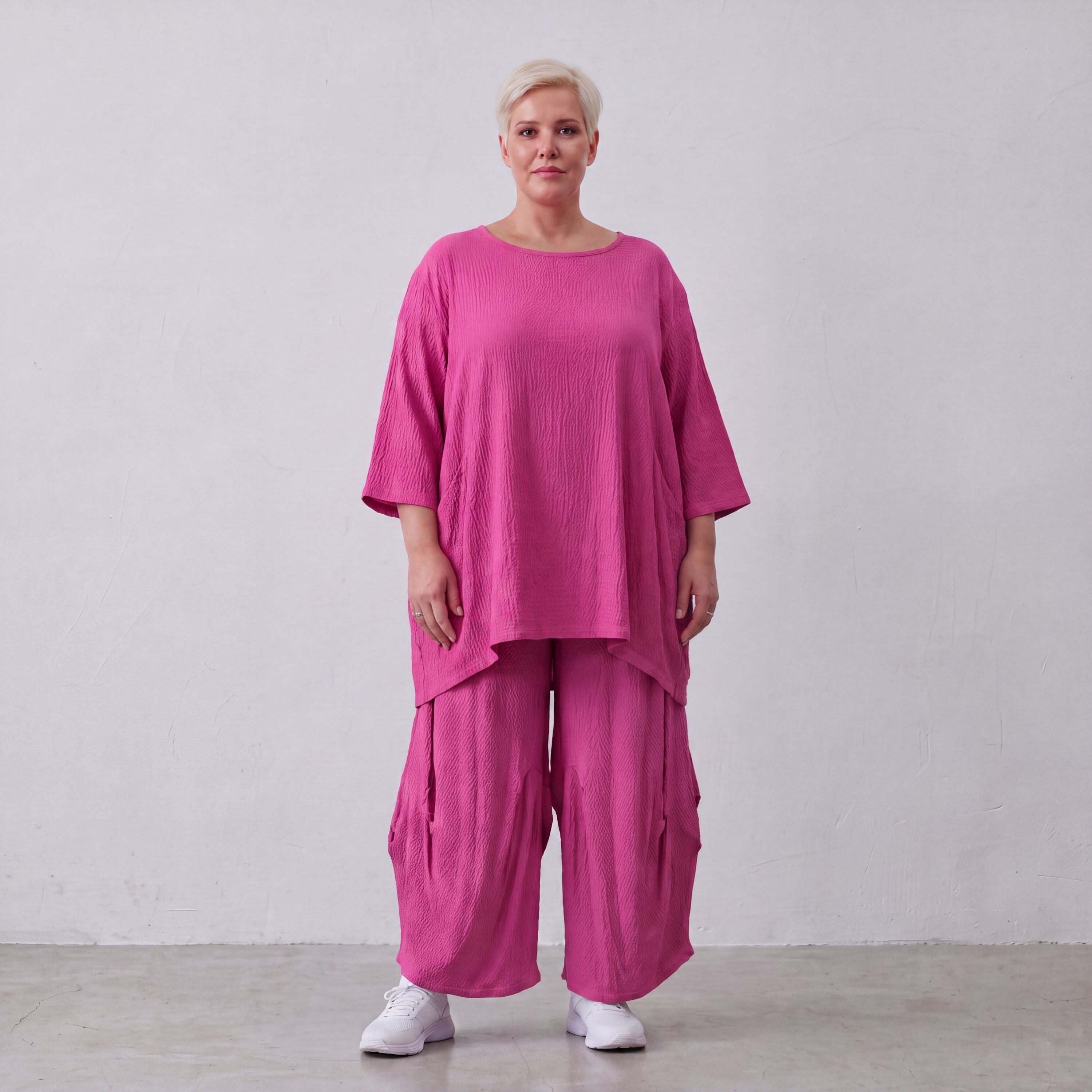 Damen Hose Lagenlook Viskose Fuchsia, Ballonschnitt, Flügeltaschen, Oversize große Größen – AKH Fashion
