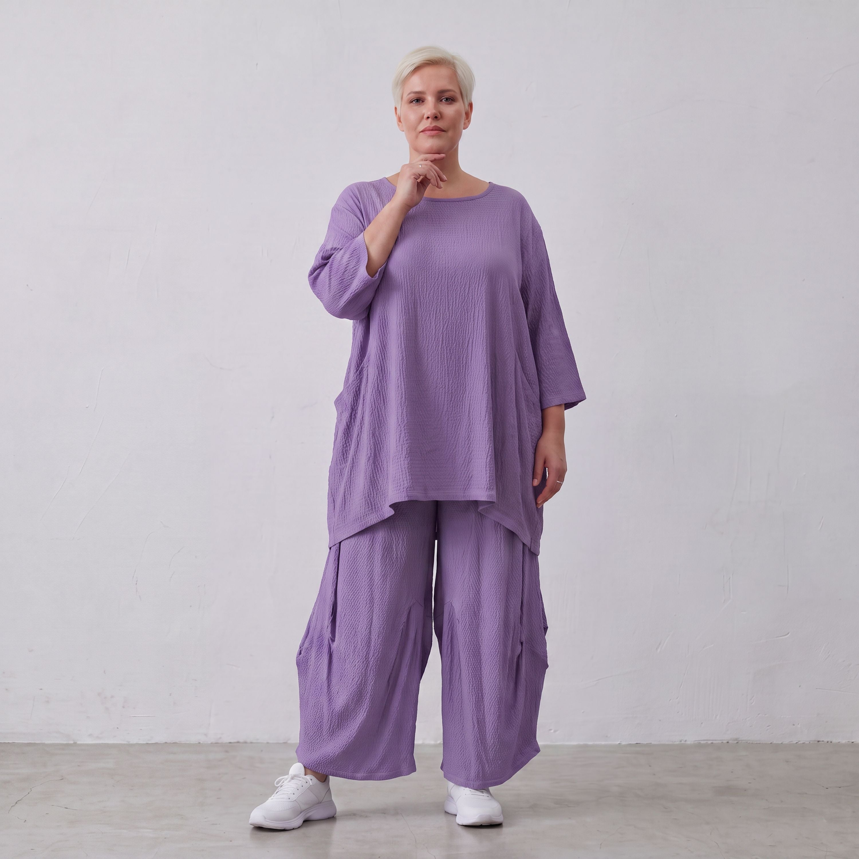Damen Hose Lagenlook Viskose Lila, Ballonschnitt, Elastikbund, Oversize große Größen – AKH Fashion