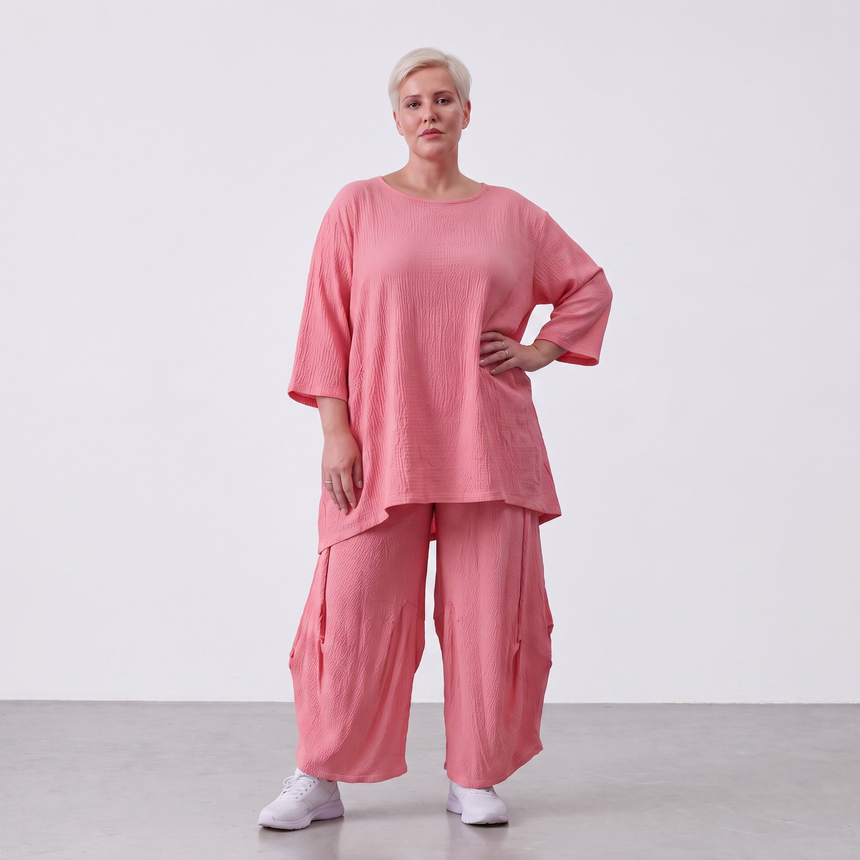 Damen Hose Lagenlook Viskose Rosa, Ballonschnitt, Elastikbund, Oversize große Größen – AKH Fashion