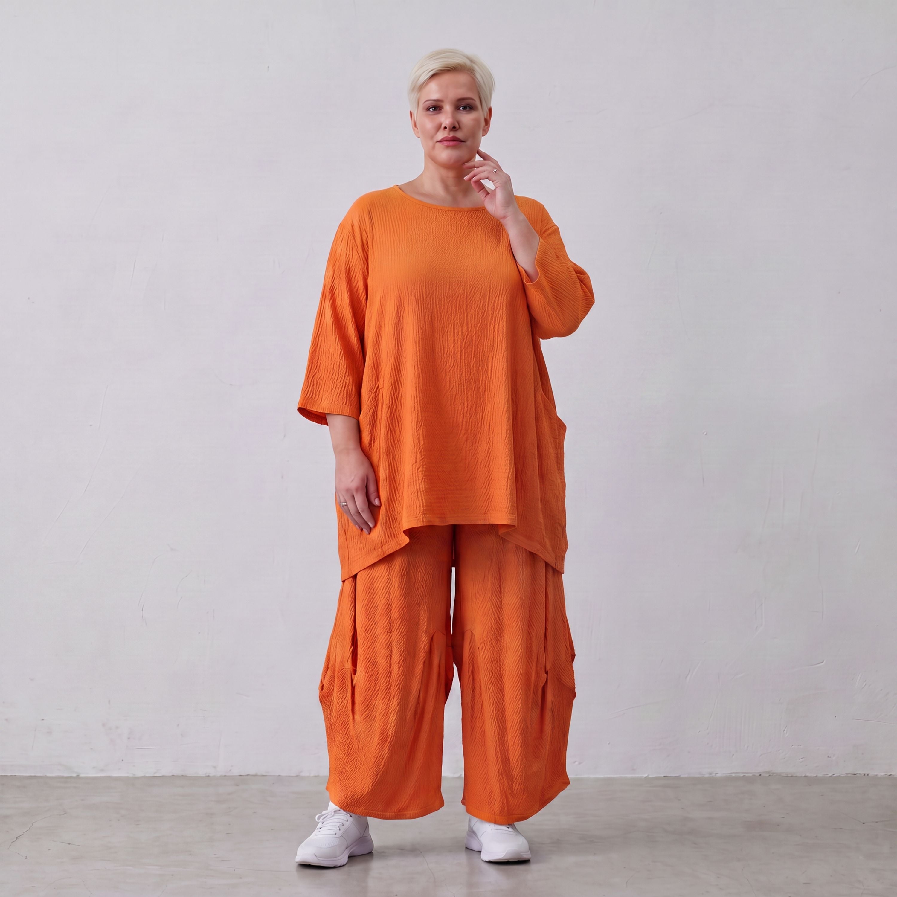 Damen Shirt Lagenlook Viskose Orange, A-Linie, Kurzarm, Oversize große Größen – AKH Fashion