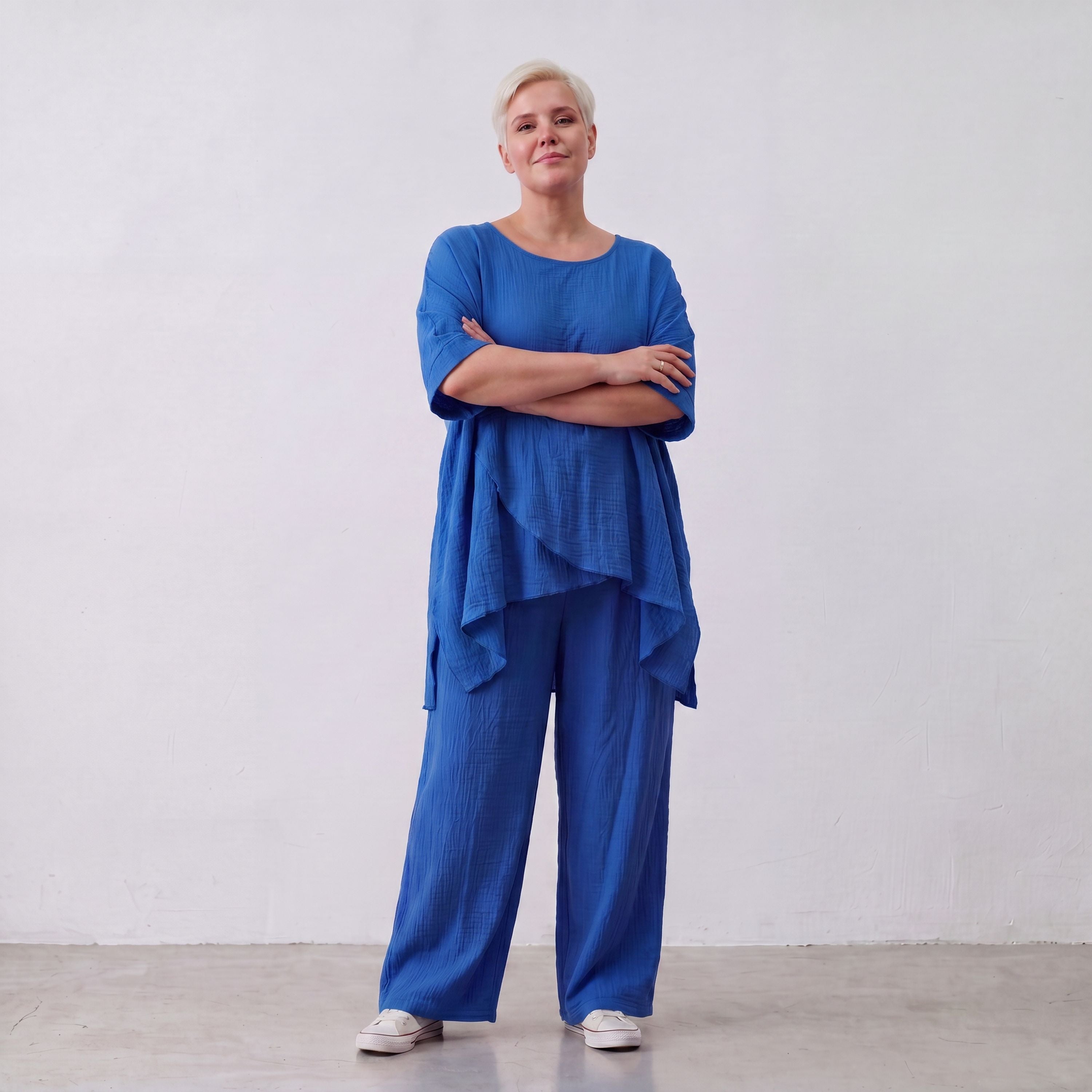 Damen Hose Lagenlook Viskose Royalblau, Elastikbund, Oversize große Größen – AKH Fashion