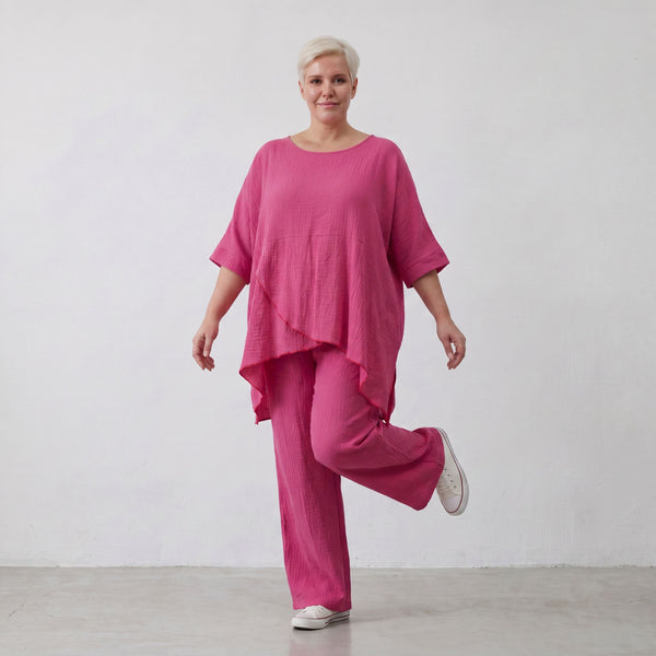 Damen Hose Lagenlook Viskose Fuchsia, Elastikbund, Oversize große Größen – AKH Fashion