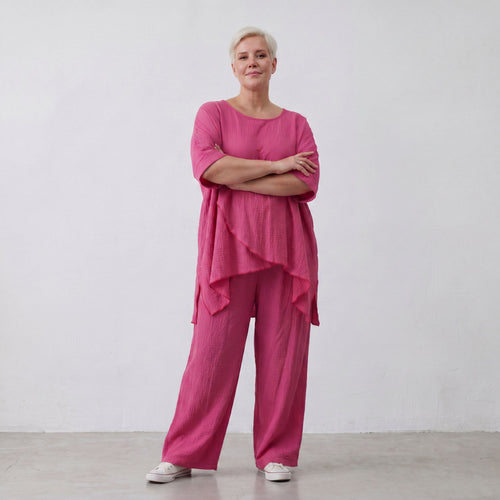 Damen Shirt Lagenlook Viskose Fuchsia, kastiger Schnitt, Kurzarm, Oversize große Größen – AKH Fashion