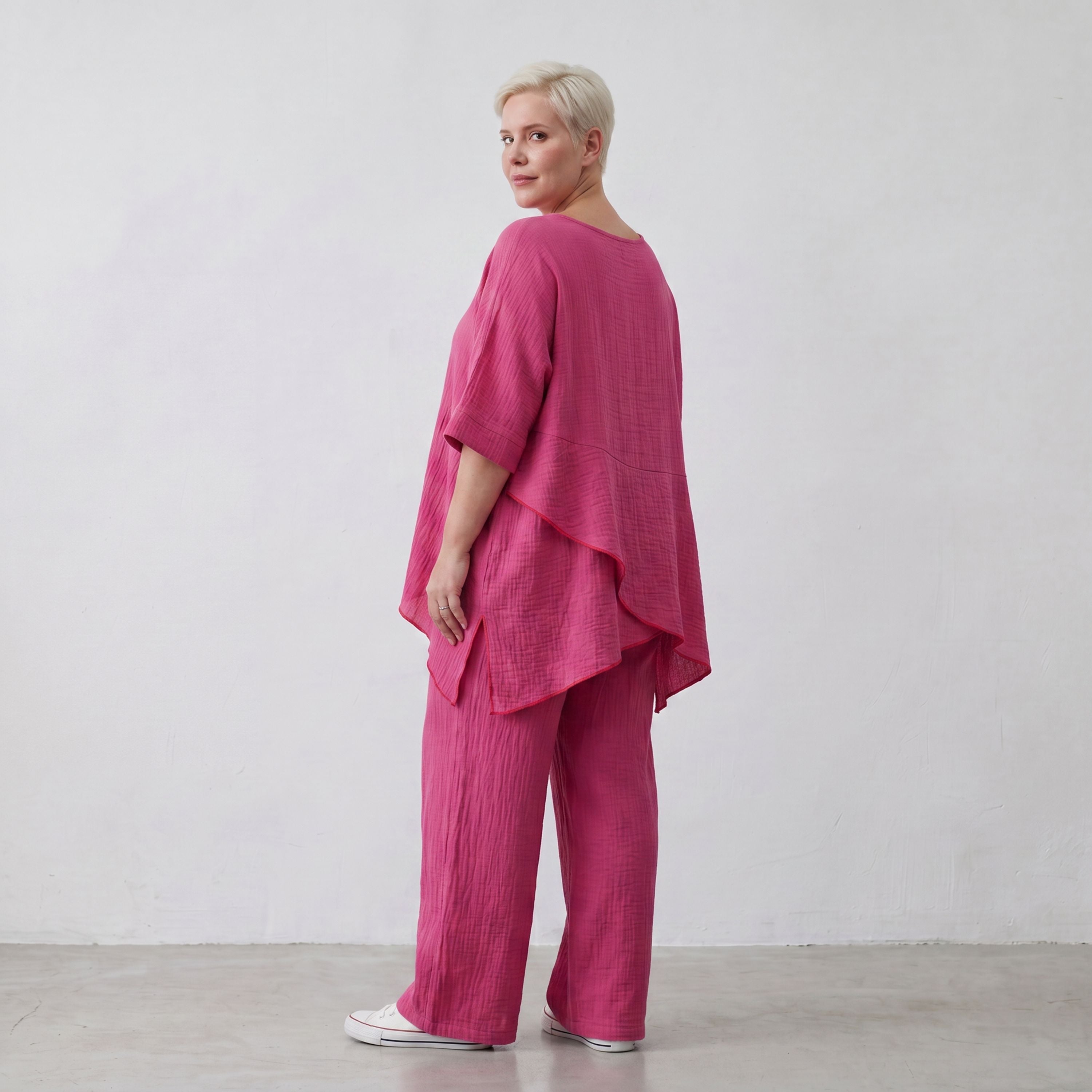 Damen Shirt Lagenlook Viskose Fuchsia, kastiger Schnitt, Kurzarm, Oversize große Größen – AKH Fashion