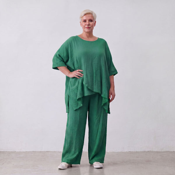 Damen Hose Lagenlook Viskose Grün, gerader Schnitt, Flügeltaschen, Oversize große Größen – AKH Fashion