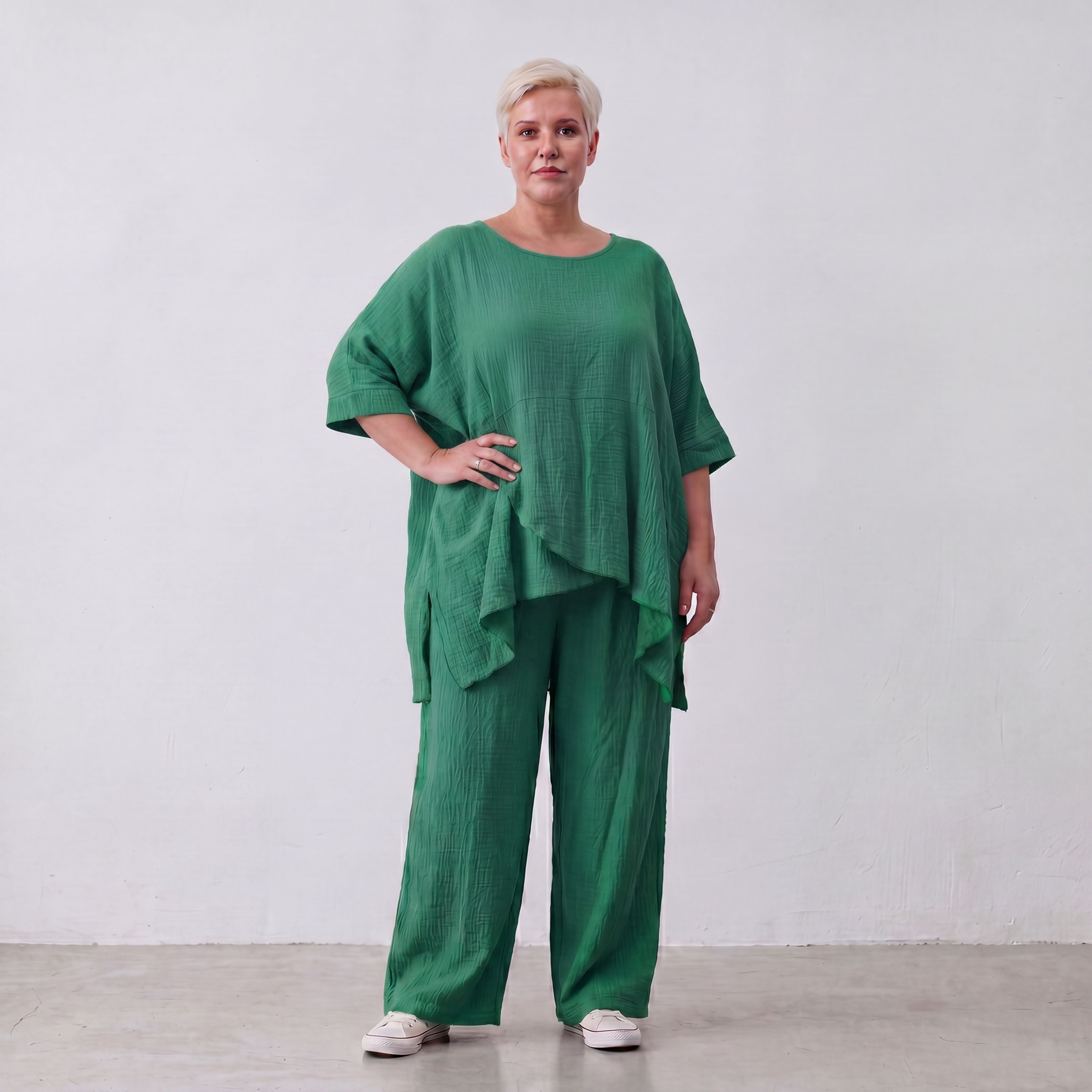 Damen Shirt Lagenlook Viskose Grün, kastiger Schnitt, Kurzarm, Oversize große Größen – AKH Fashion