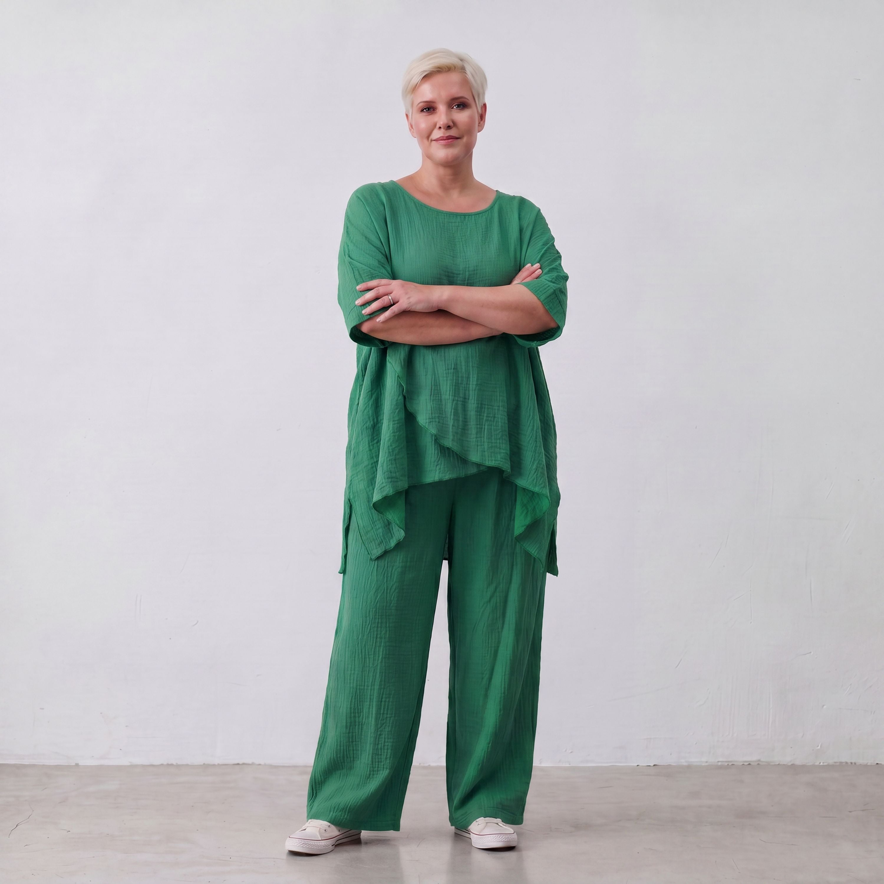 Damen Hose Lagenlook Viskose Grün, gerader Schnitt, Flügeltaschen, Oversize große Größen – AKH Fashion